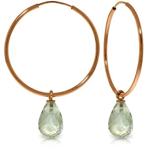 14K Solid Rose Gold Hoop Earrings w/ Natural Green Amethyst