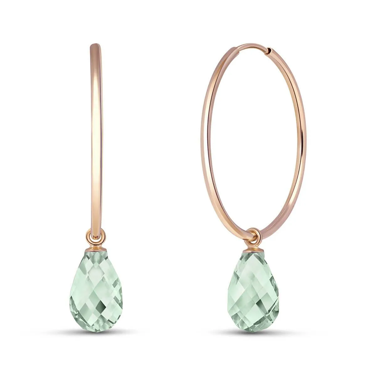 14K Solid Rose Gold Hoop Earrings w/ Natural Green Amethyst