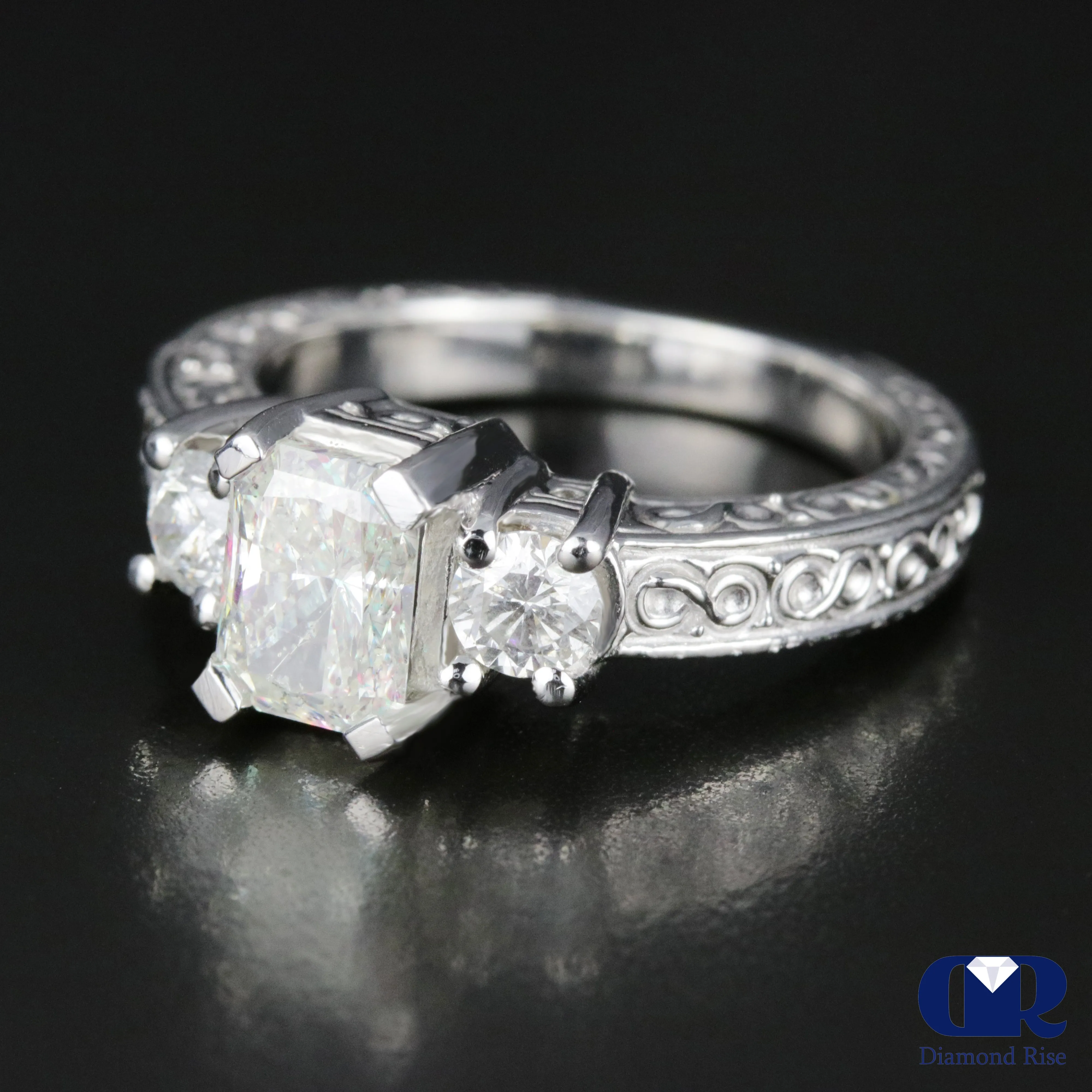 1.73 Carat Radiant Cut Diamond Three Stone Engagement Ring In 14K White Gold