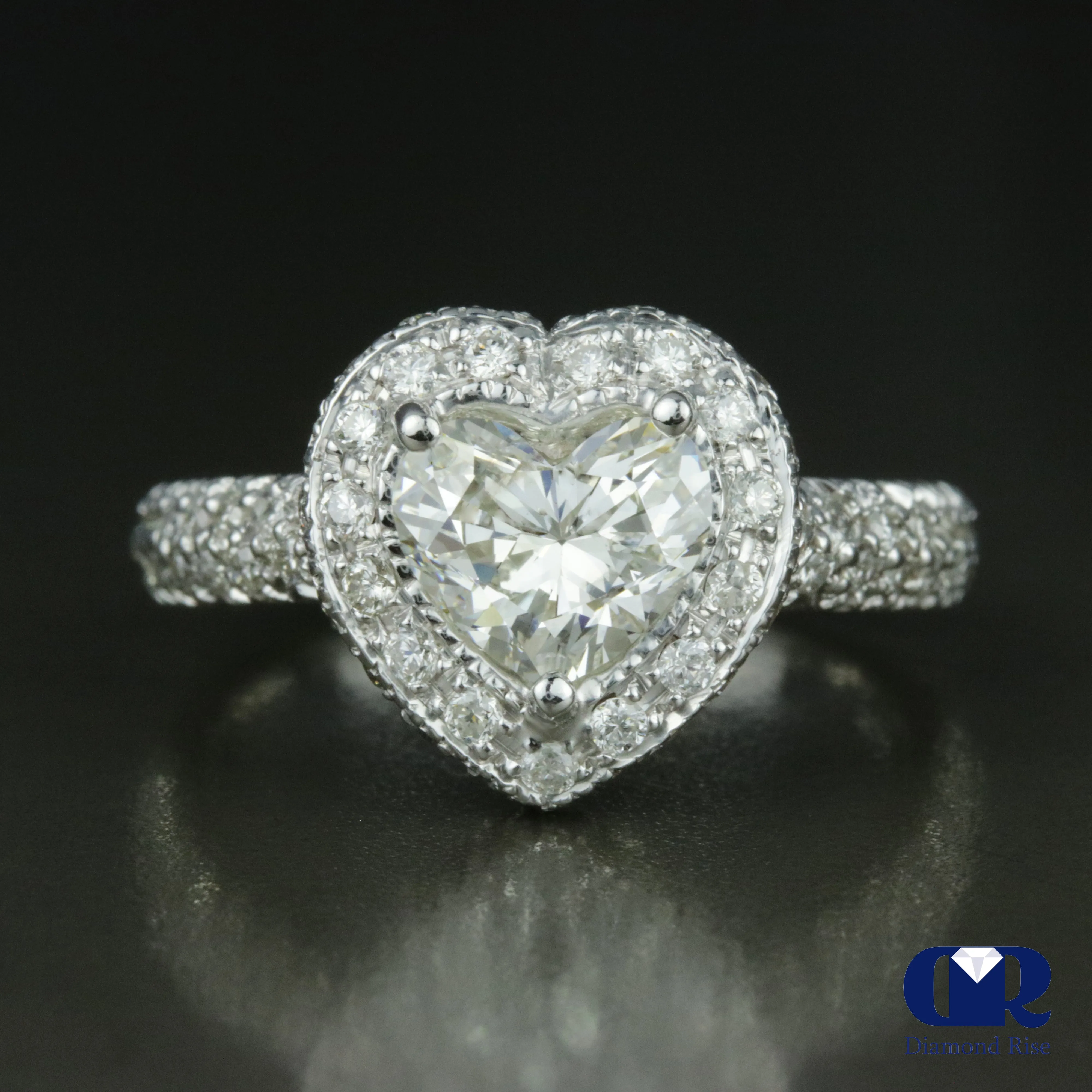 1.77 Carat Heart Shaped Diamond Halo Engagement Ring In 18K White Gold