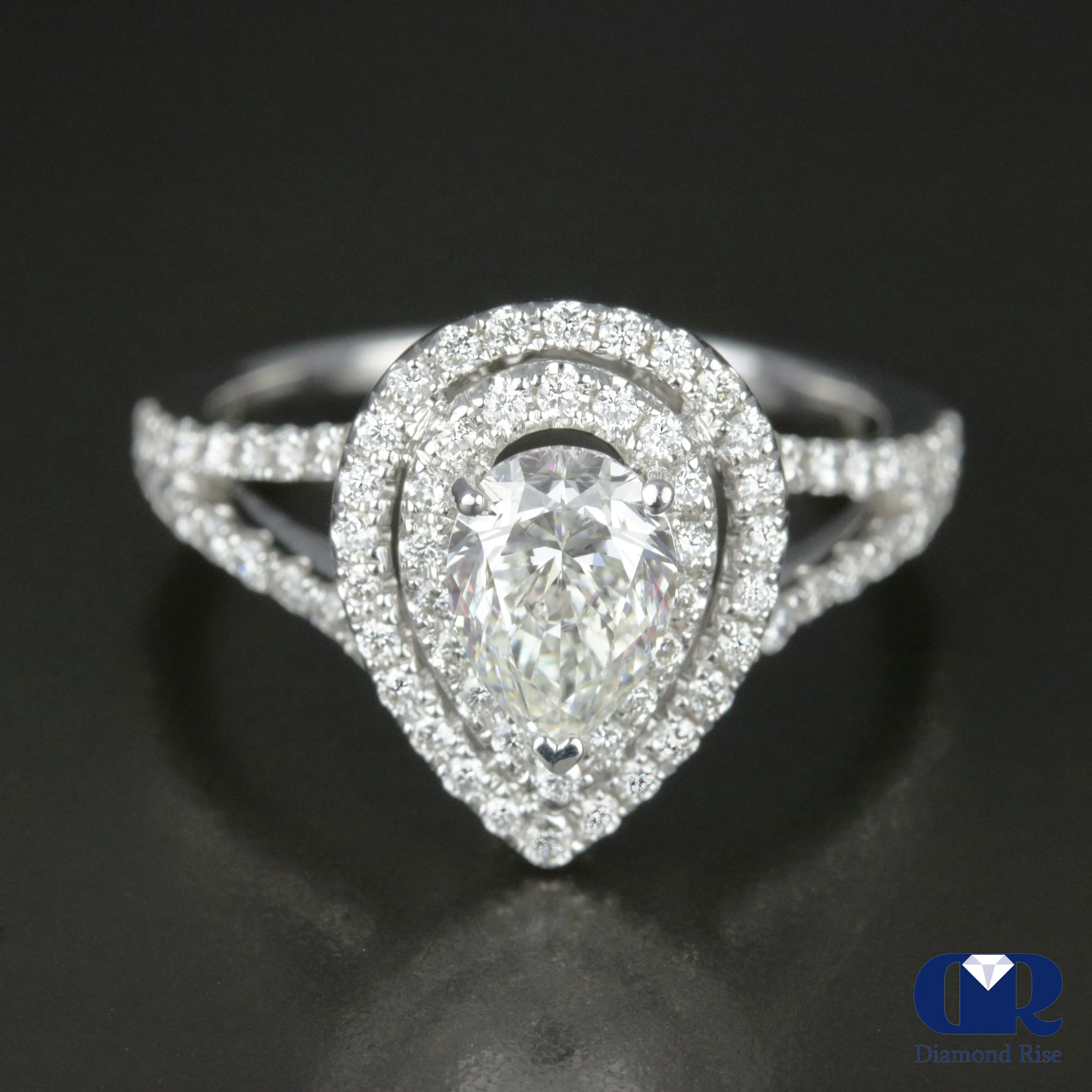 1.82 Carat Pear Cut Diamond Double Halo Engagement Ring In 18K White Gold