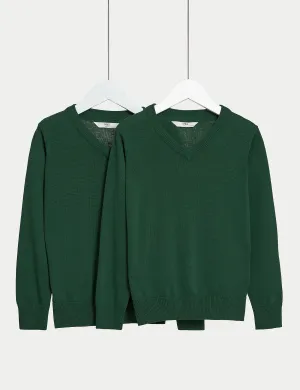 2 Pairs of Marks & Spencer Pure Cotton Unisex School Jumpers (3-18yrs) Green