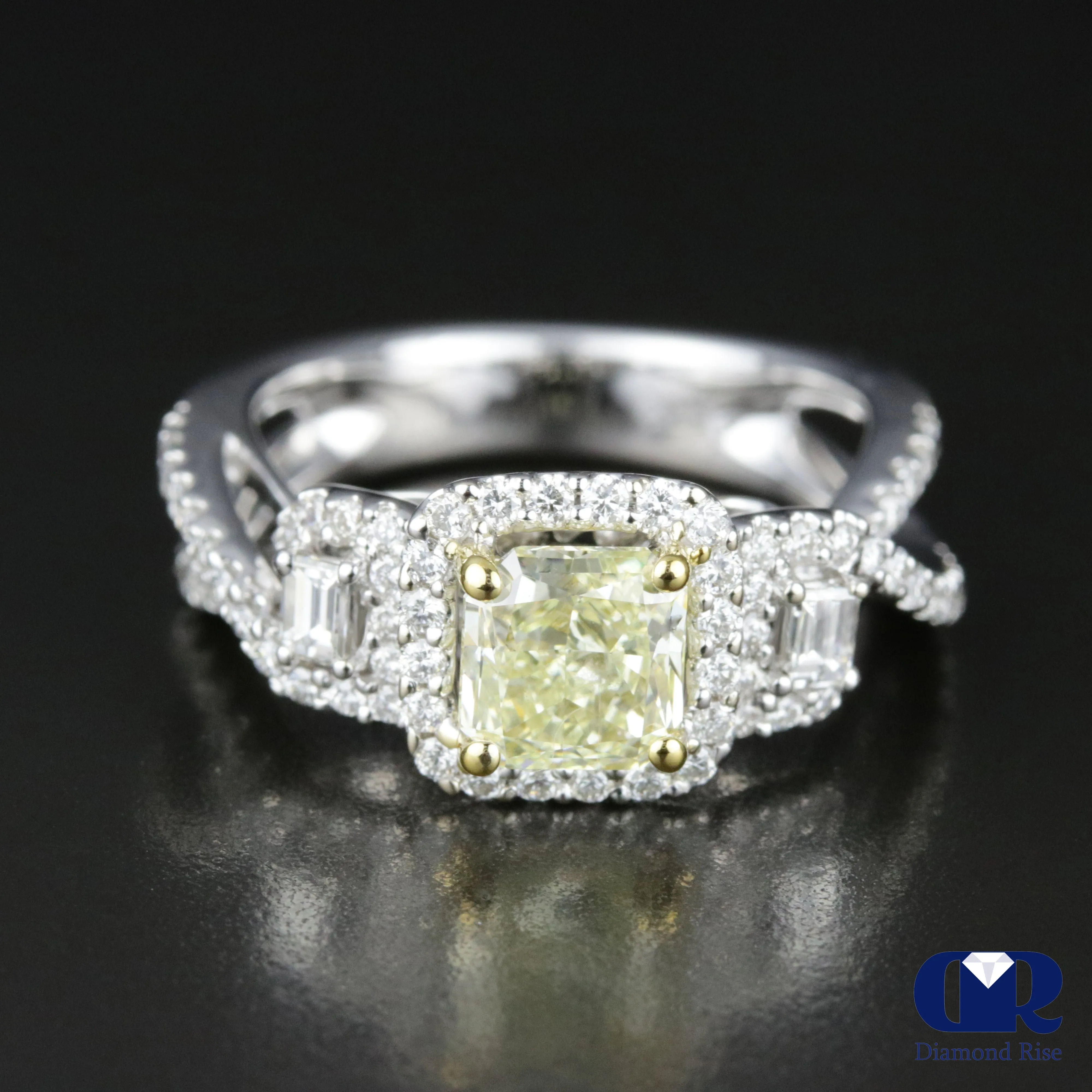 2.08 Carat Cushion Cut Fancy Yellow Diamond Halo Twisted Engagement Ring 18K White Gold