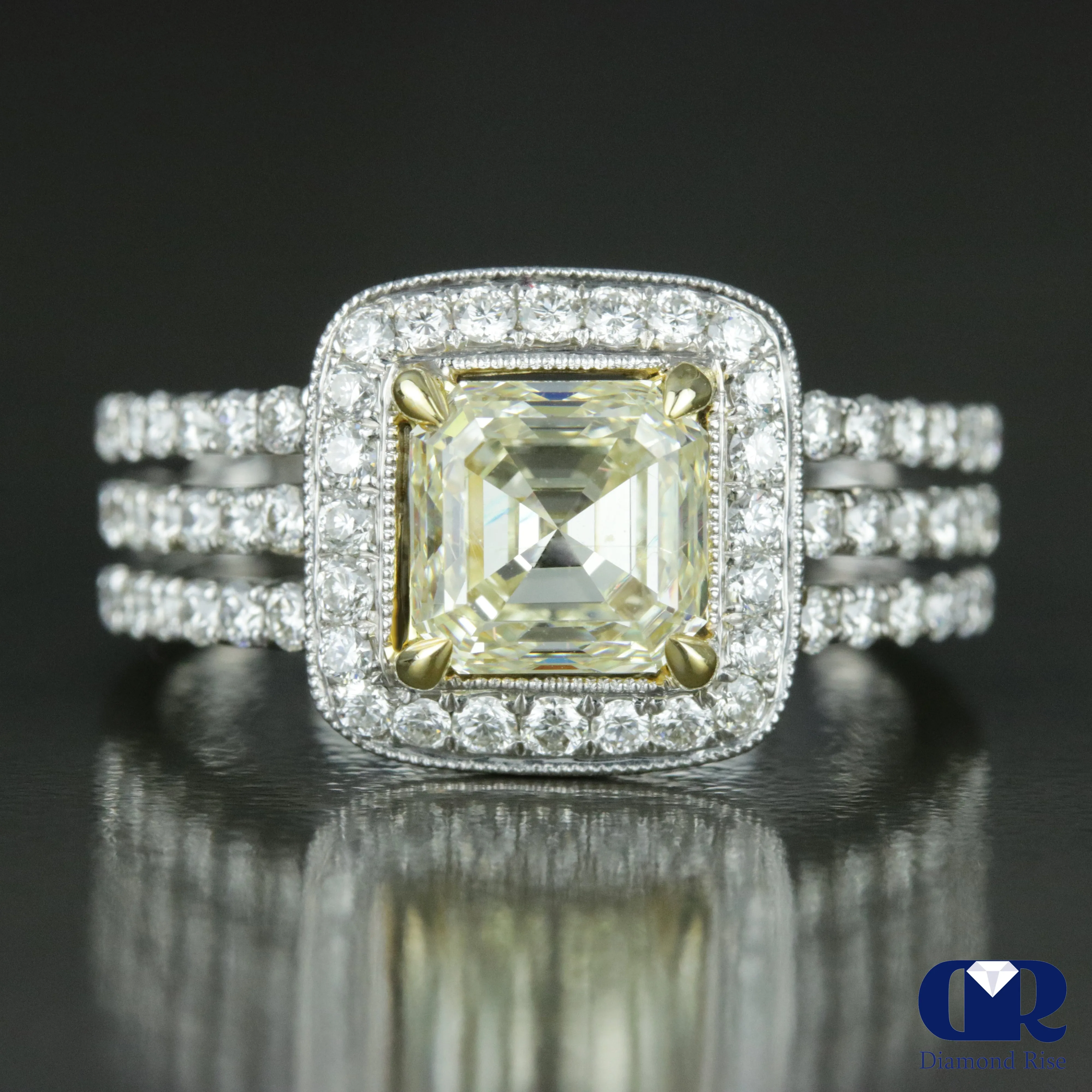 2.22 Carat Fancy Yellow Asscher Cut Diamond Engagement Ring In 18K White Gold