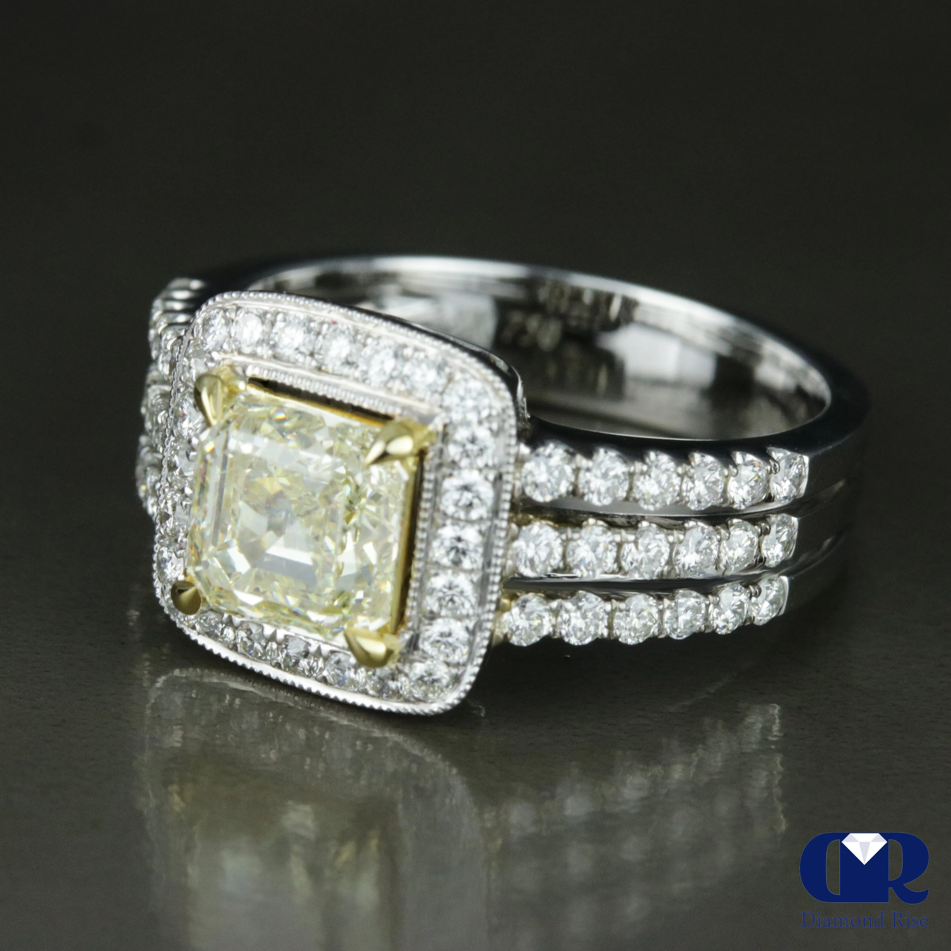 2.22 Carat Fancy Yellow Asscher Cut Diamond Engagement Ring In 18K White Gold