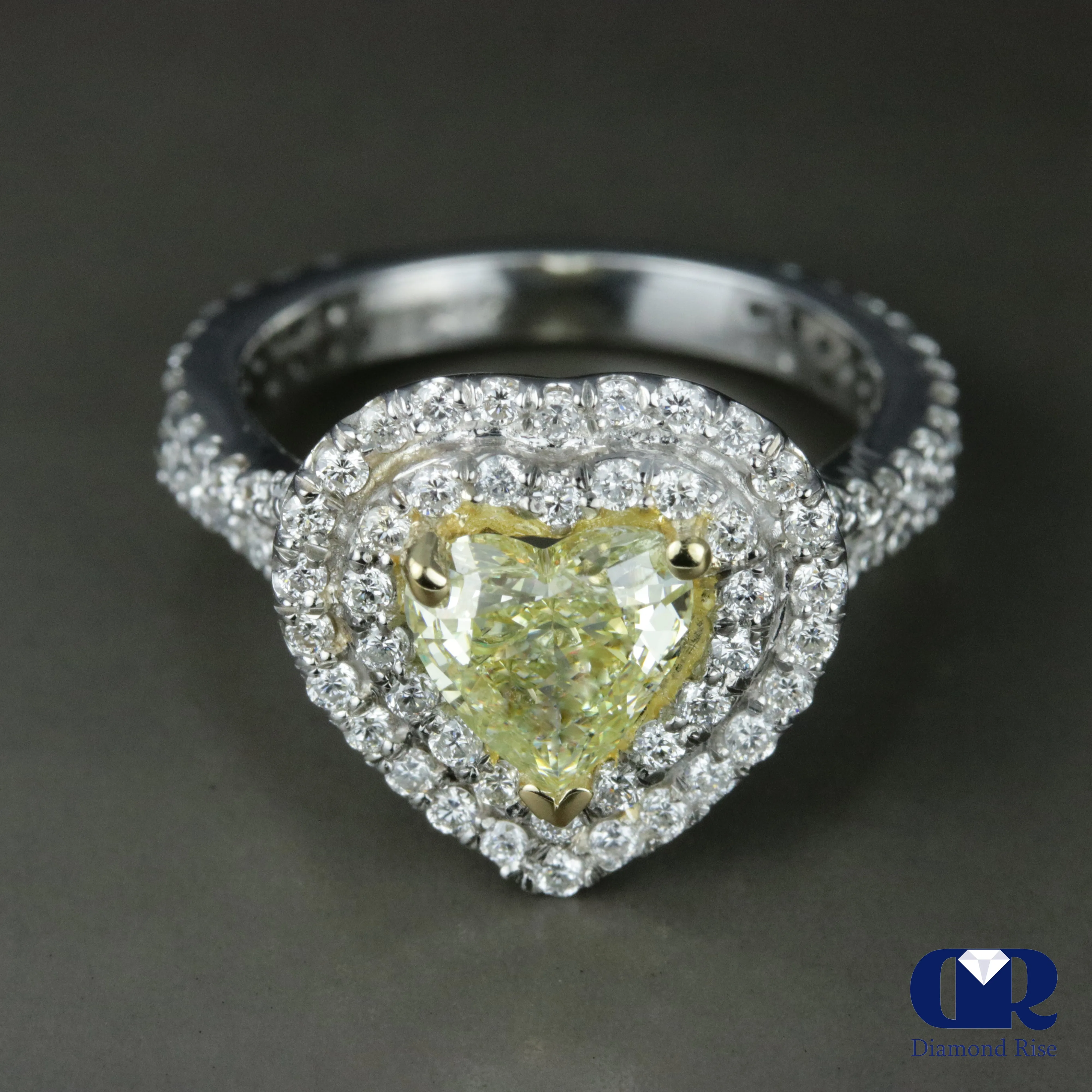 2.27 Carat Heart Shaped Fancy Yellow Diamond Double Halo Engagement Ring 14K White Gold