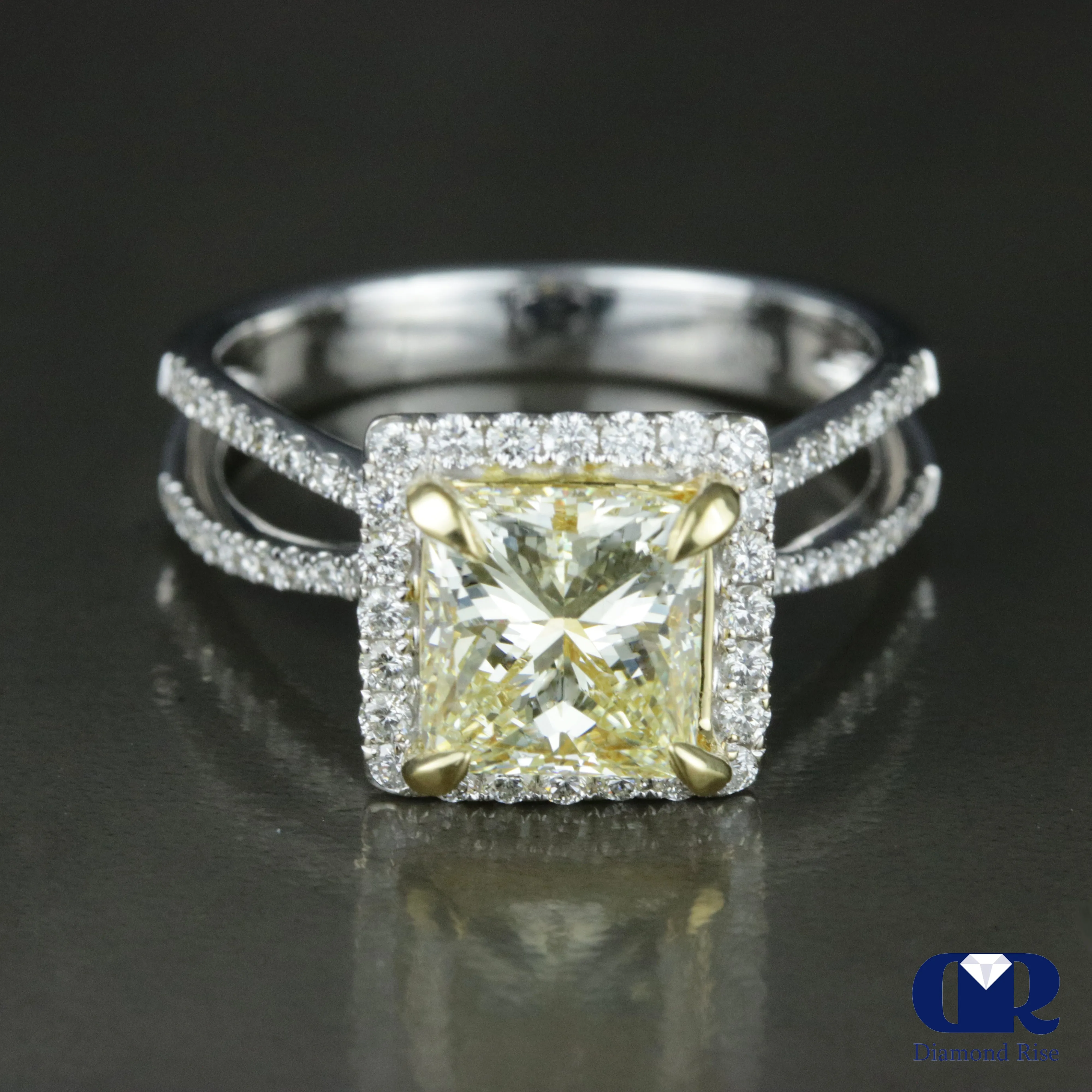 2.76 Carat Fancy Yellow Radiant Cut Diamond Halo Engagement Ring In 18K White Gold