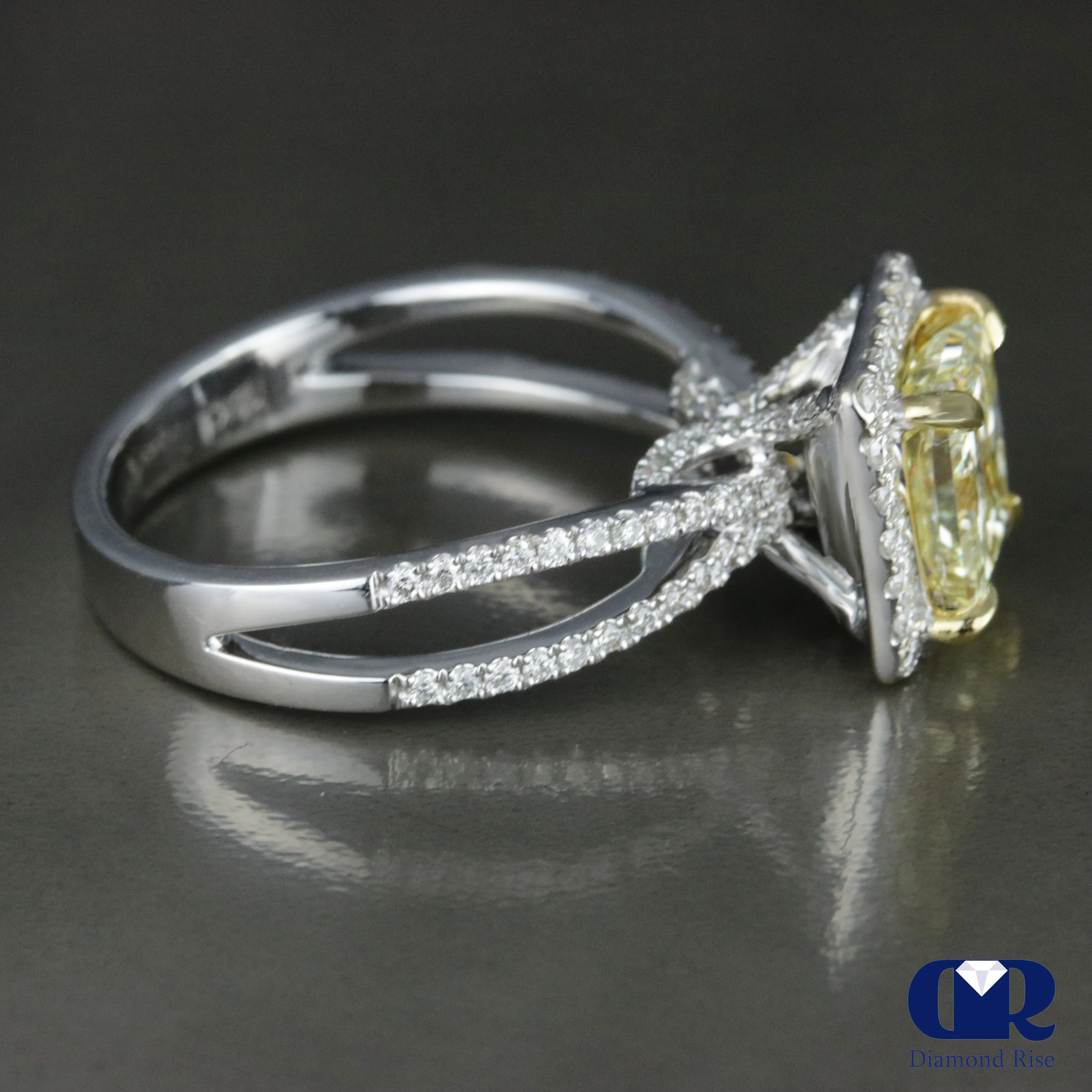 2.76 Carat Fancy Yellow Radiant Cut Diamond Halo Engagement Ring In 18K White Gold