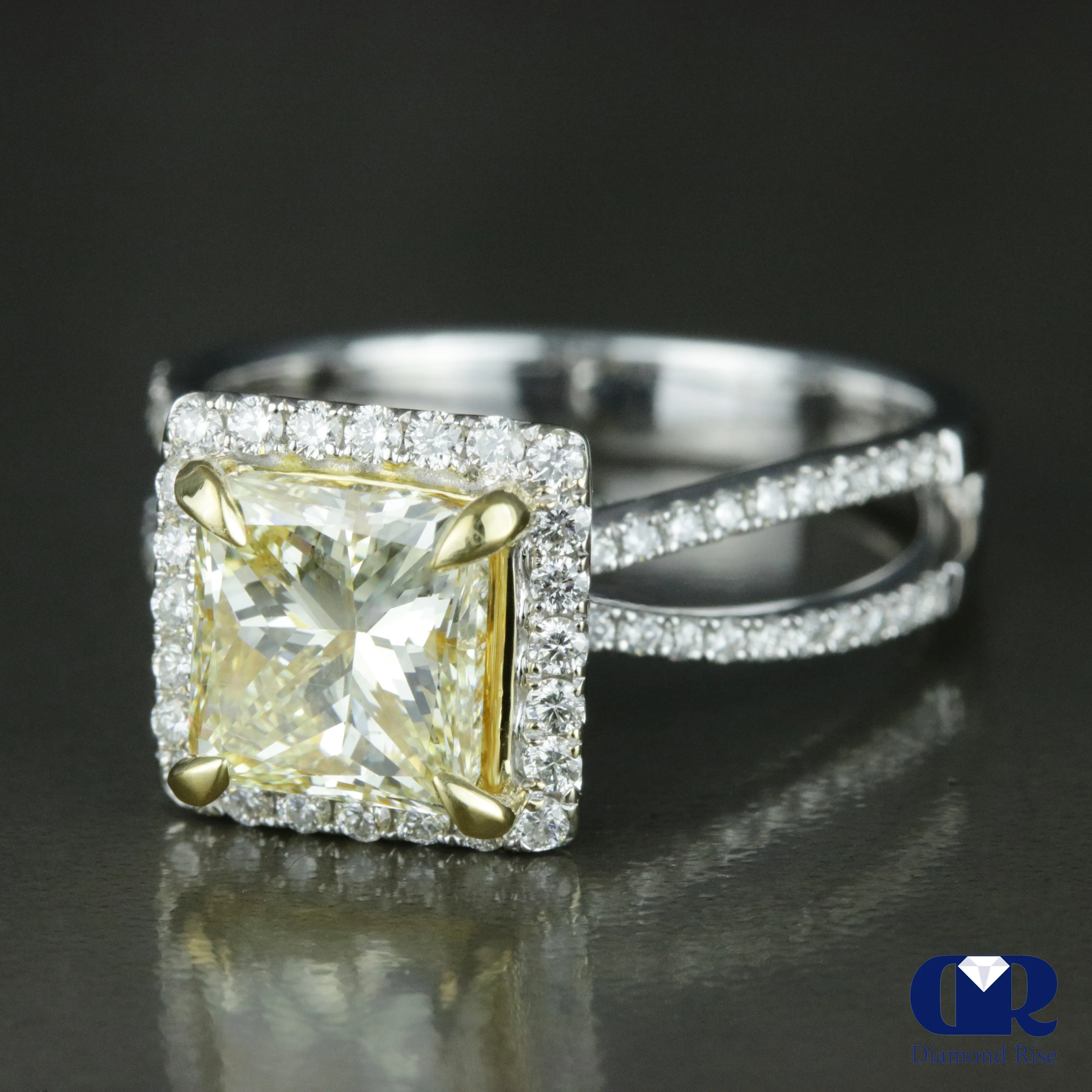 2.76 Carat Fancy Yellow Radiant Cut Diamond Halo Engagement Ring In 18K White Gold