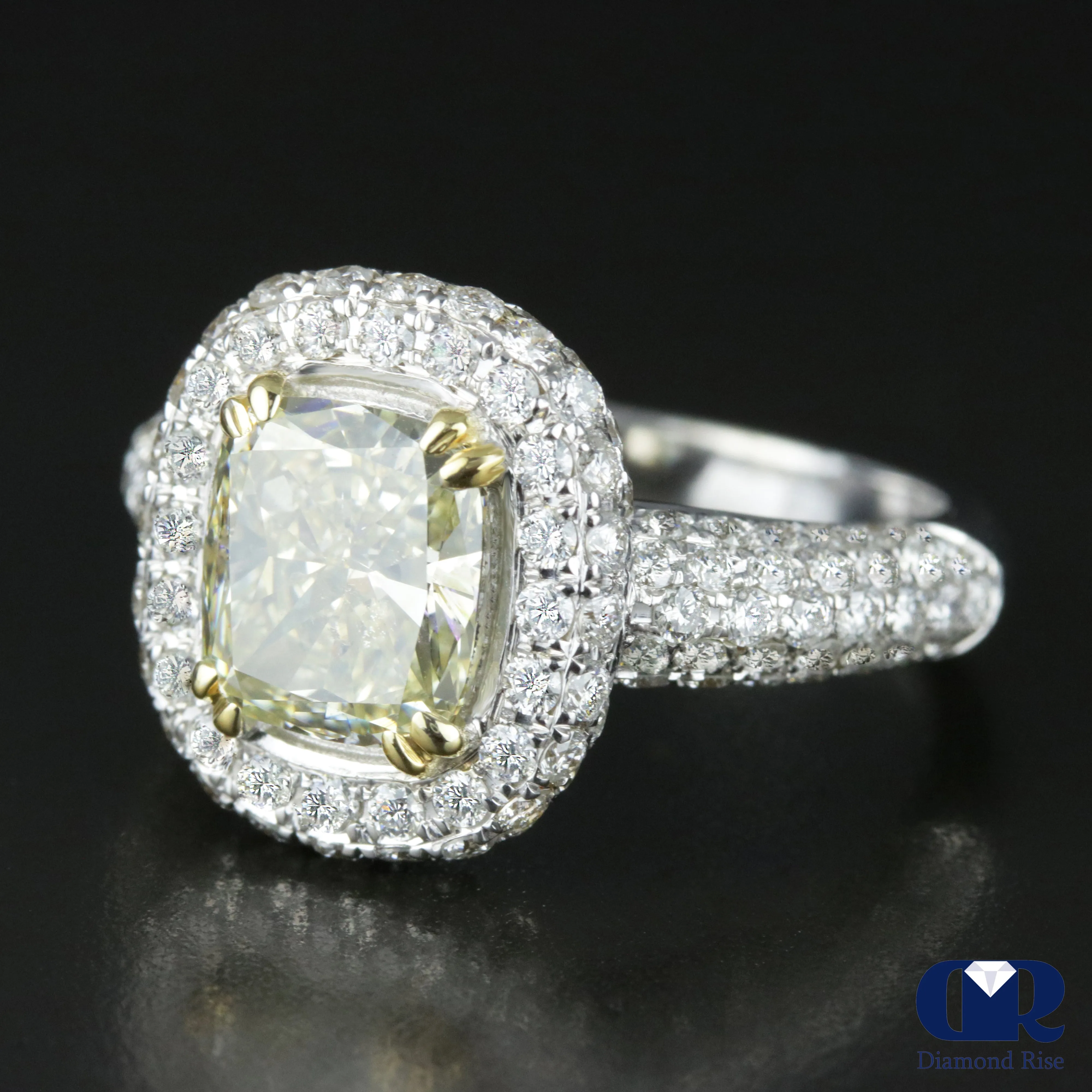 2.88 Carat Fancy Yellow Cushion Cut Diamond Double Halo Engagement Ring In 14K White Gold