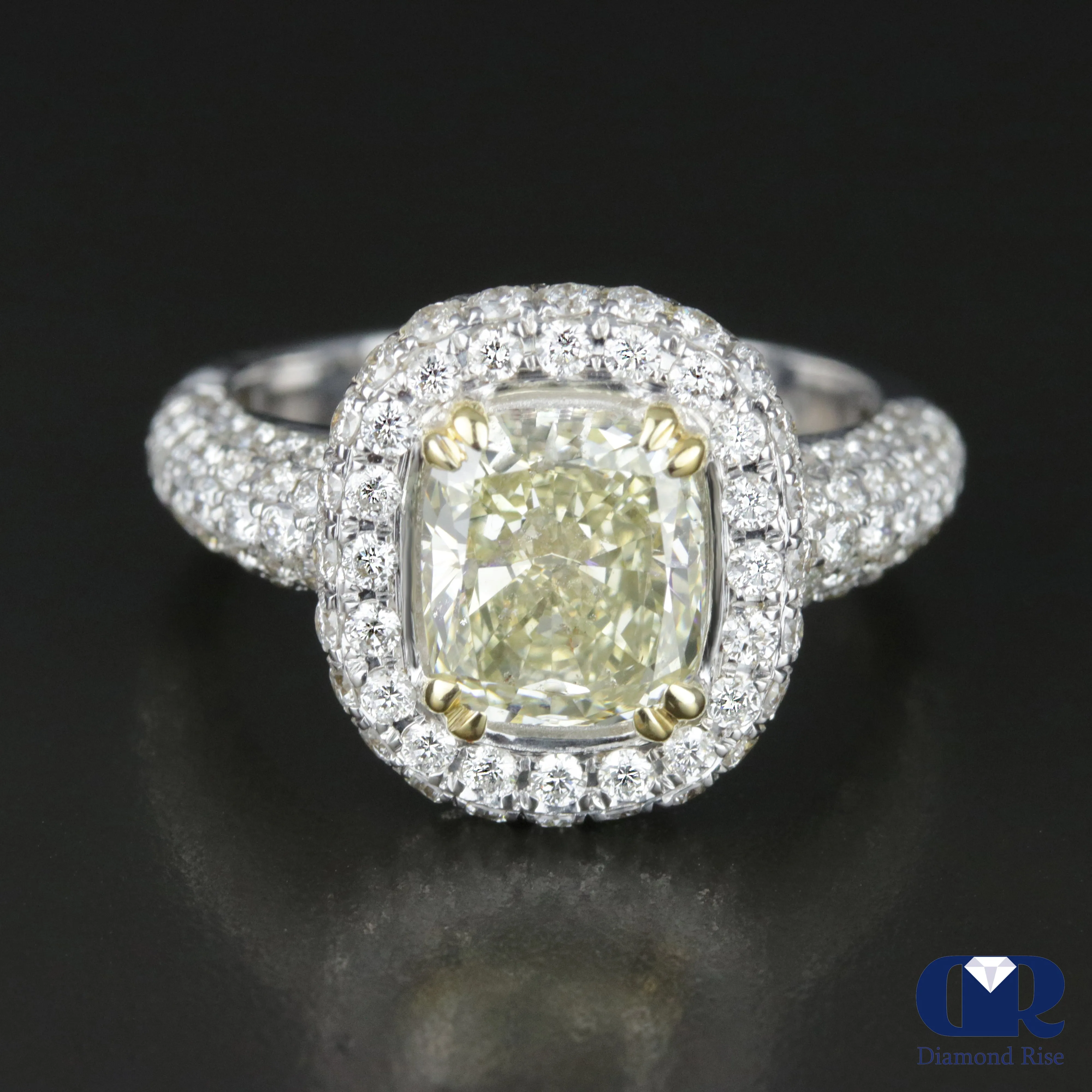 2.88 Carat Fancy Yellow Cushion Cut Diamond Double Halo Engagement Ring In 14K White Gold