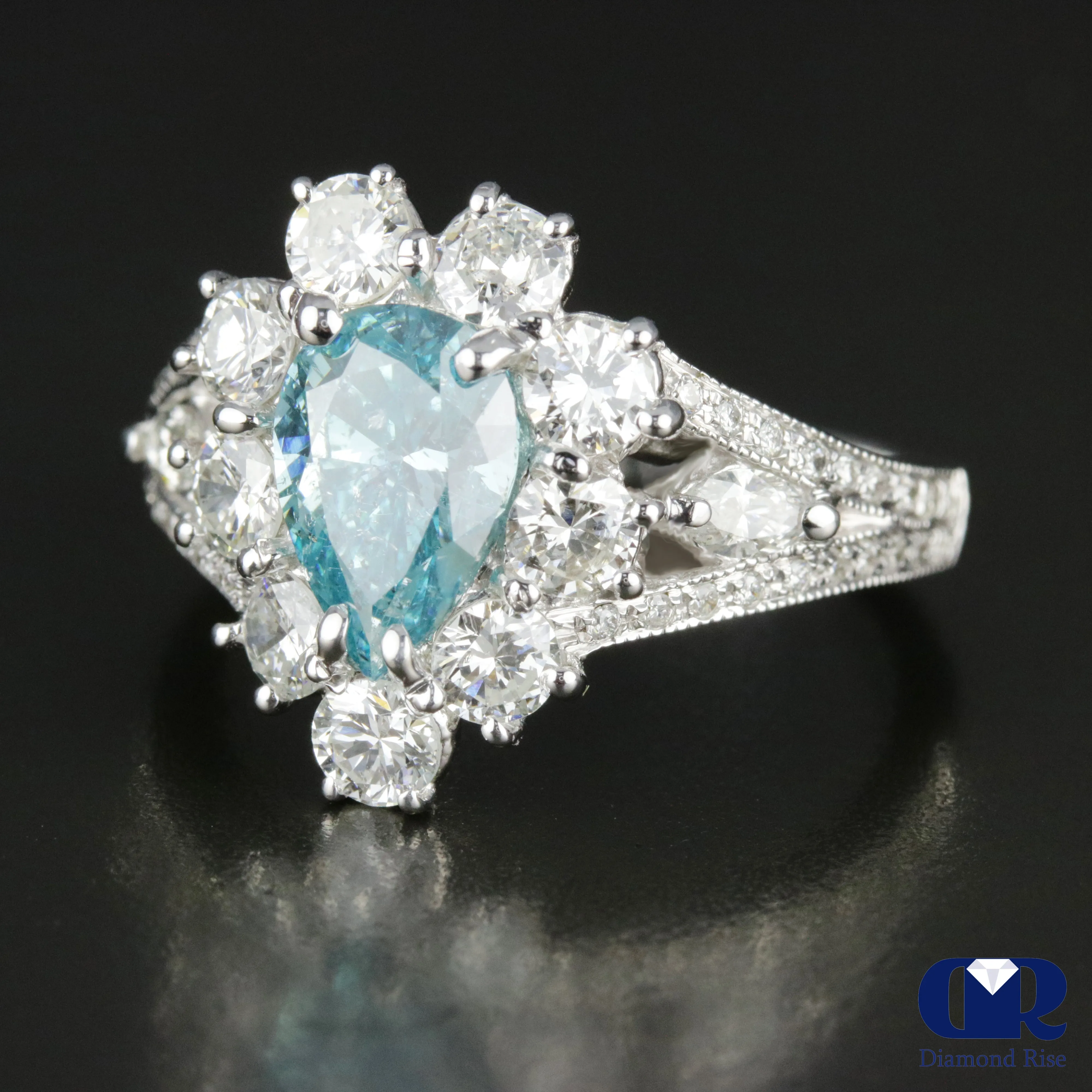 3.08 Carat Fancy Blue Pear Cut Diamond Engagement Ring In 14K White Gold