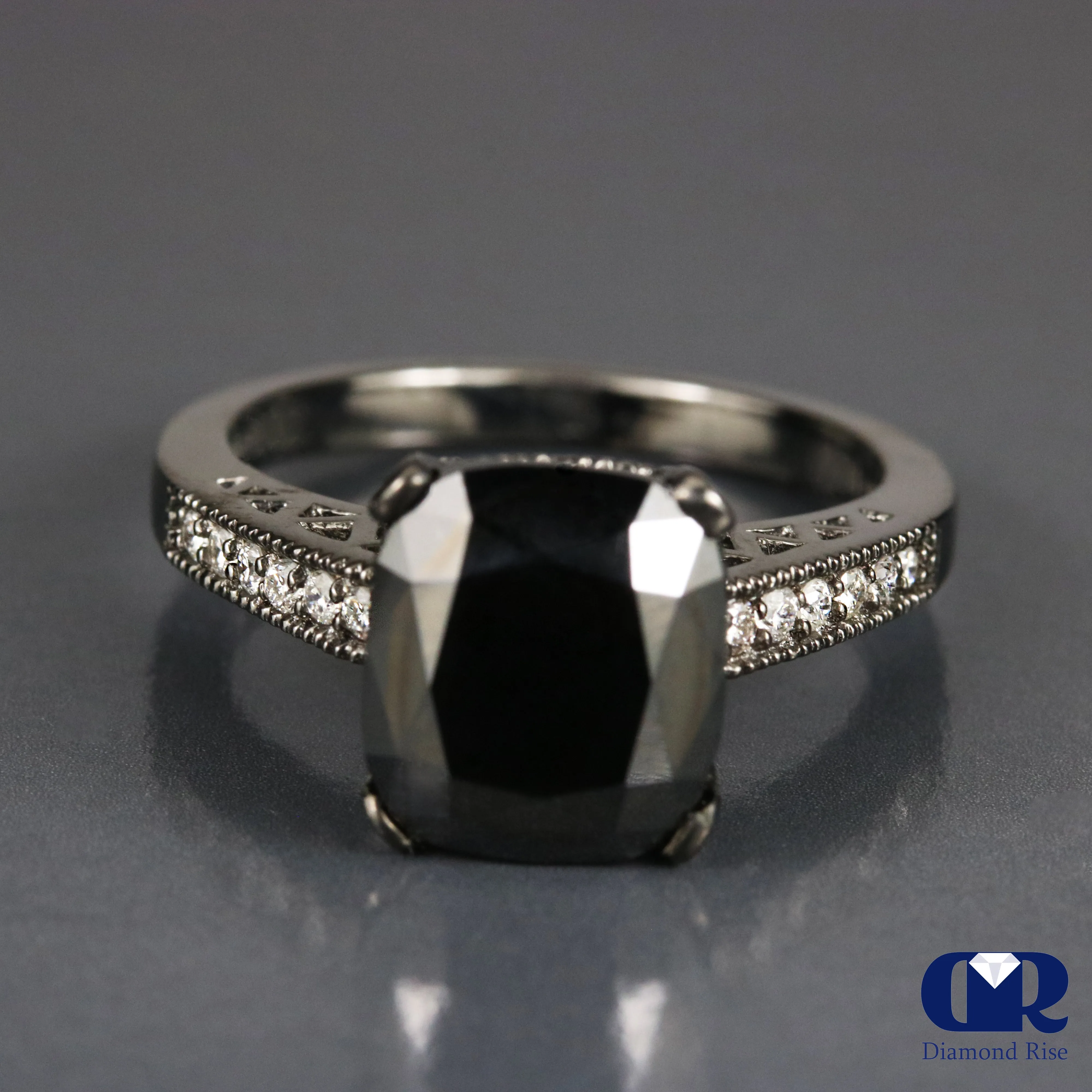 3.50 Carat Cushion Cut Black Diamond Engagement Ring In 14K Gold