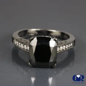 3.50 Carat Cushion Cut Black Diamond Engagement Ring In 14K Gold