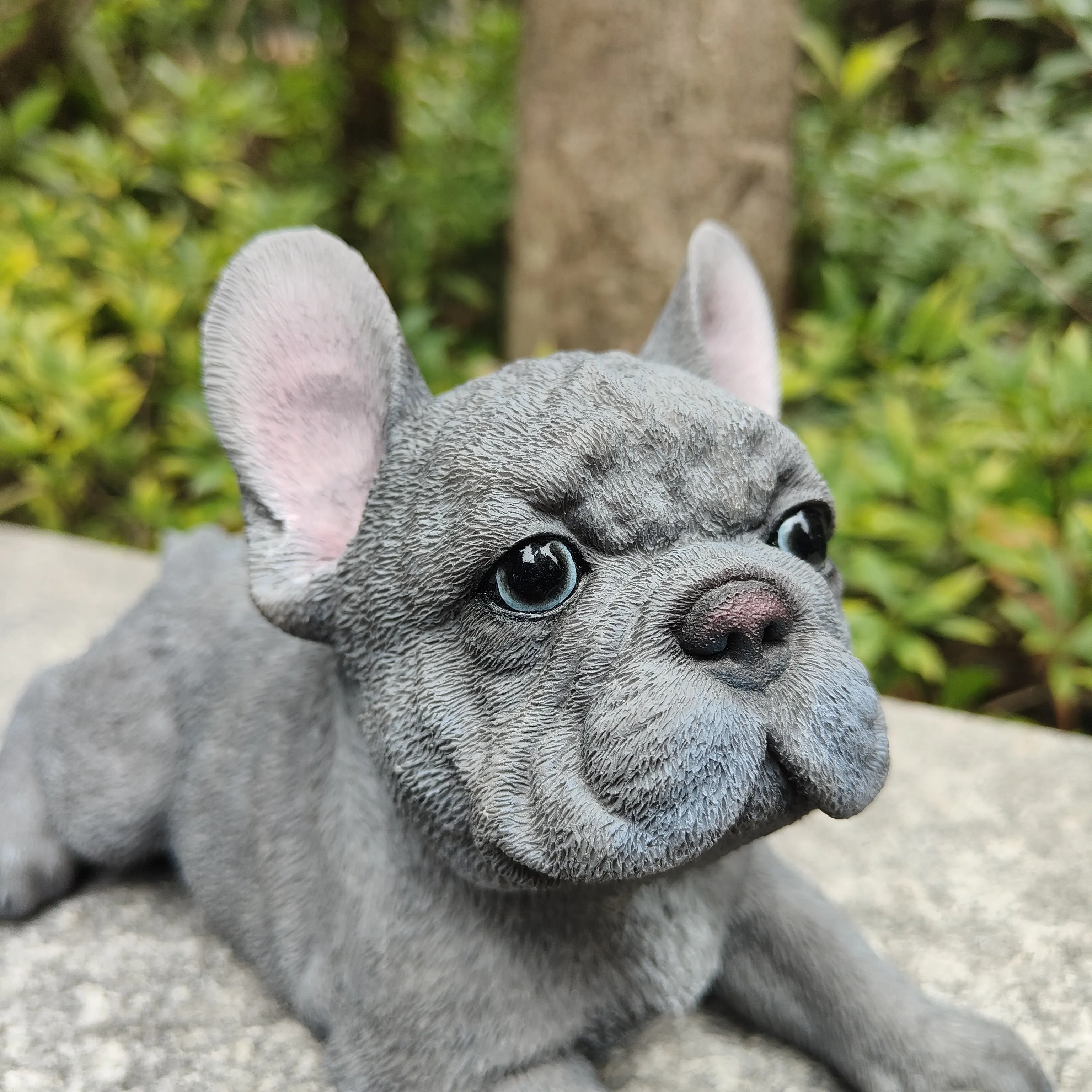 87710-S - Tranquil Blue Hues: Polyresin Lying French Bulldog Figurine in Grey Blue