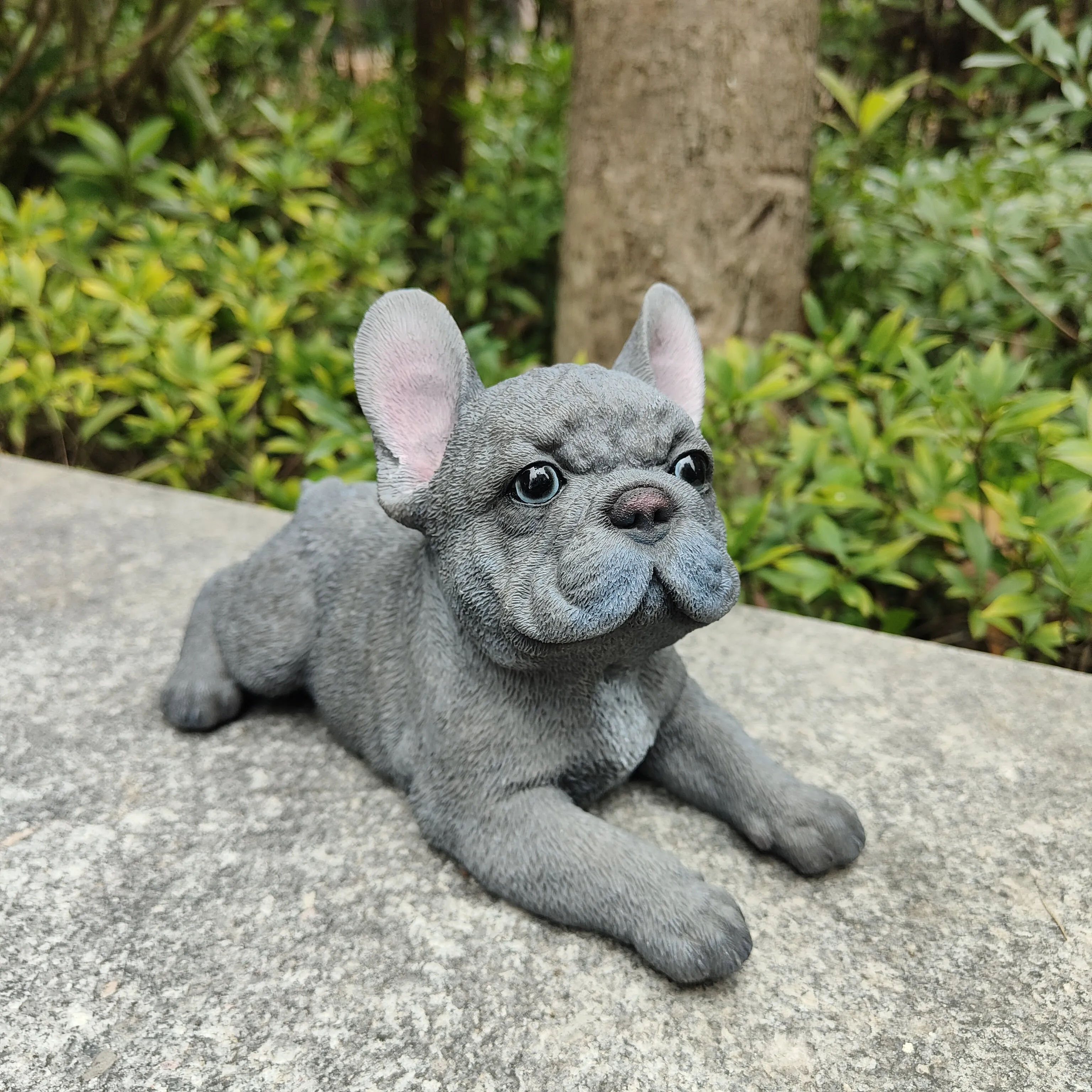 87710-S - Tranquil Blue Hues: Polyresin Lying French Bulldog Figurine in Grey Blue