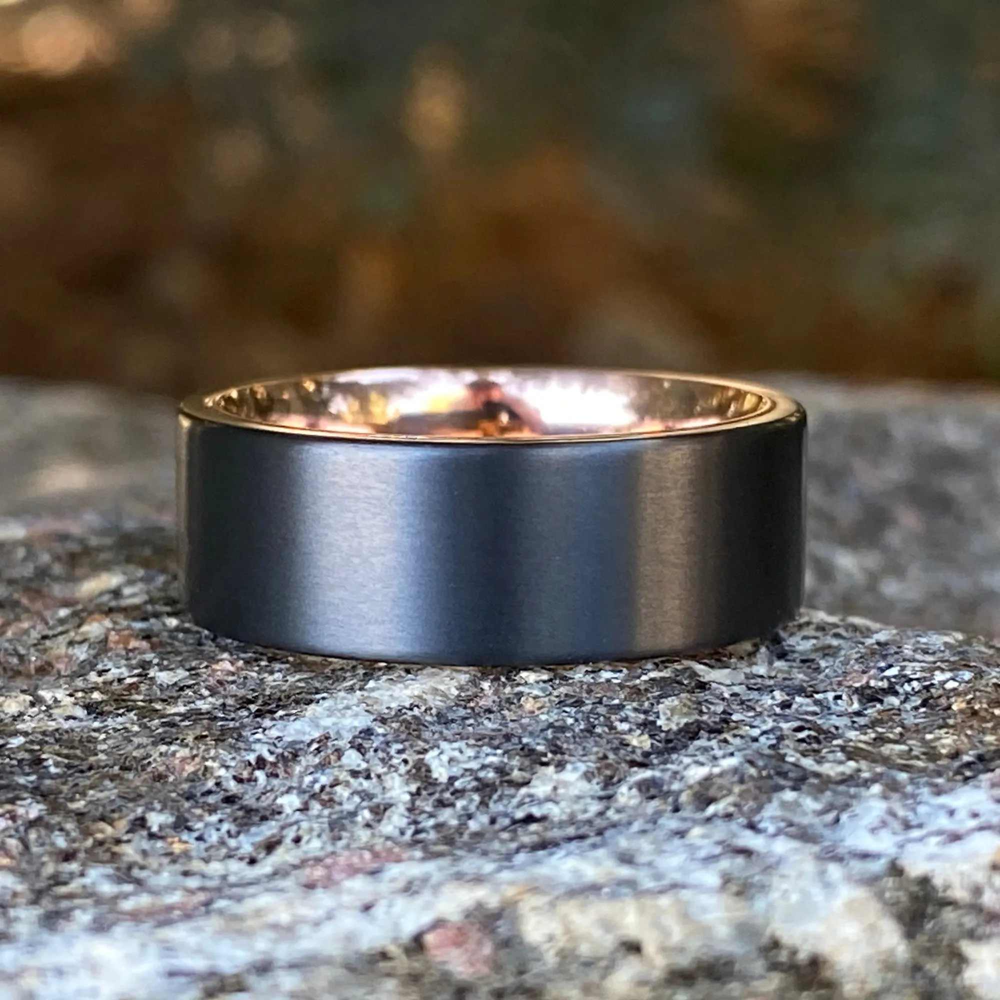 8mm Black Zirconium Mens Ring - USA Made Black Mens Wedding Band with 14k Rose Gold Sleeve - Brushed Finish - Black Ring - Mens Wedding Rings