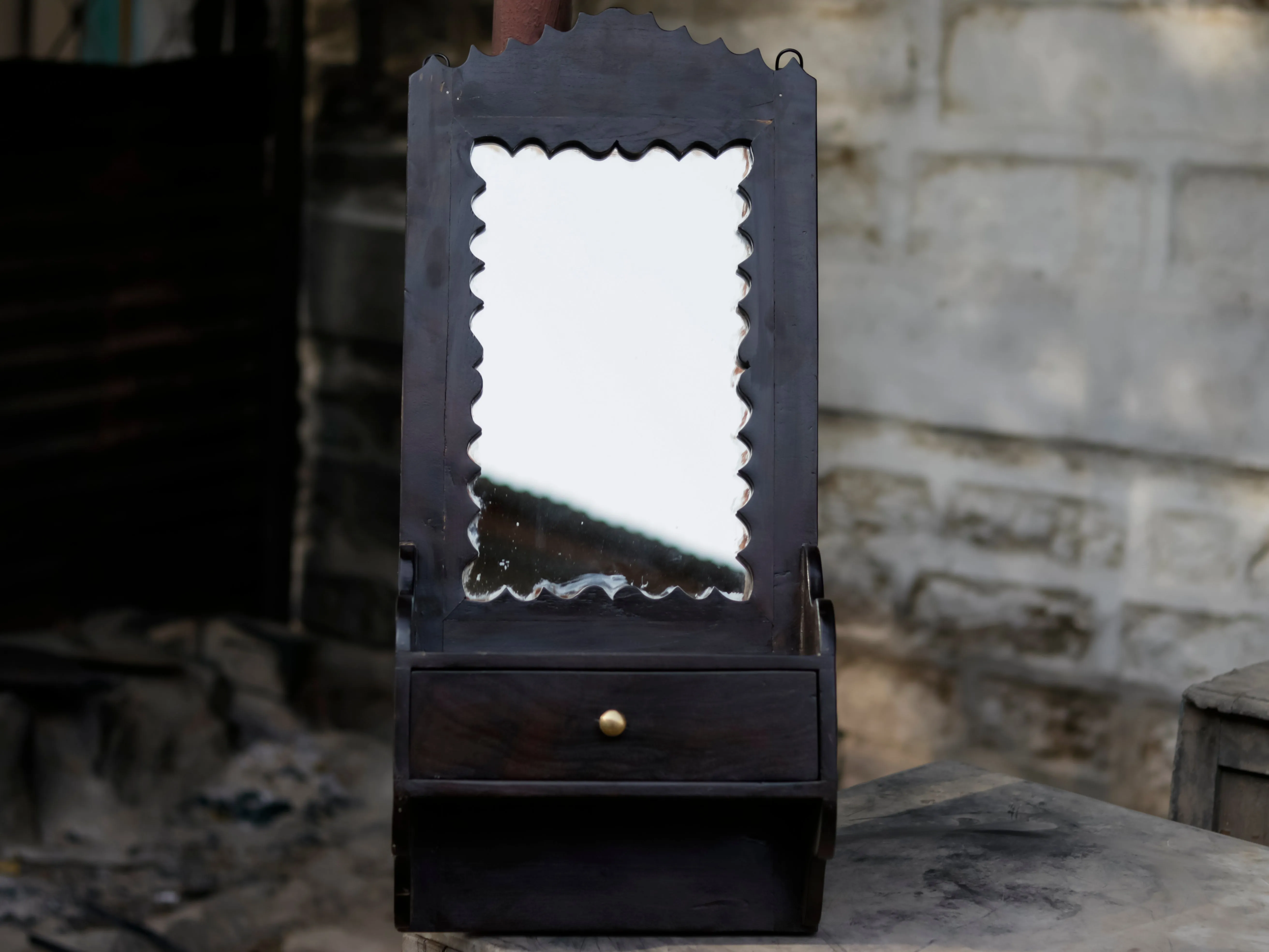 Aesthetic Dark Black Wooden Handmade Hanging Wall Mirror