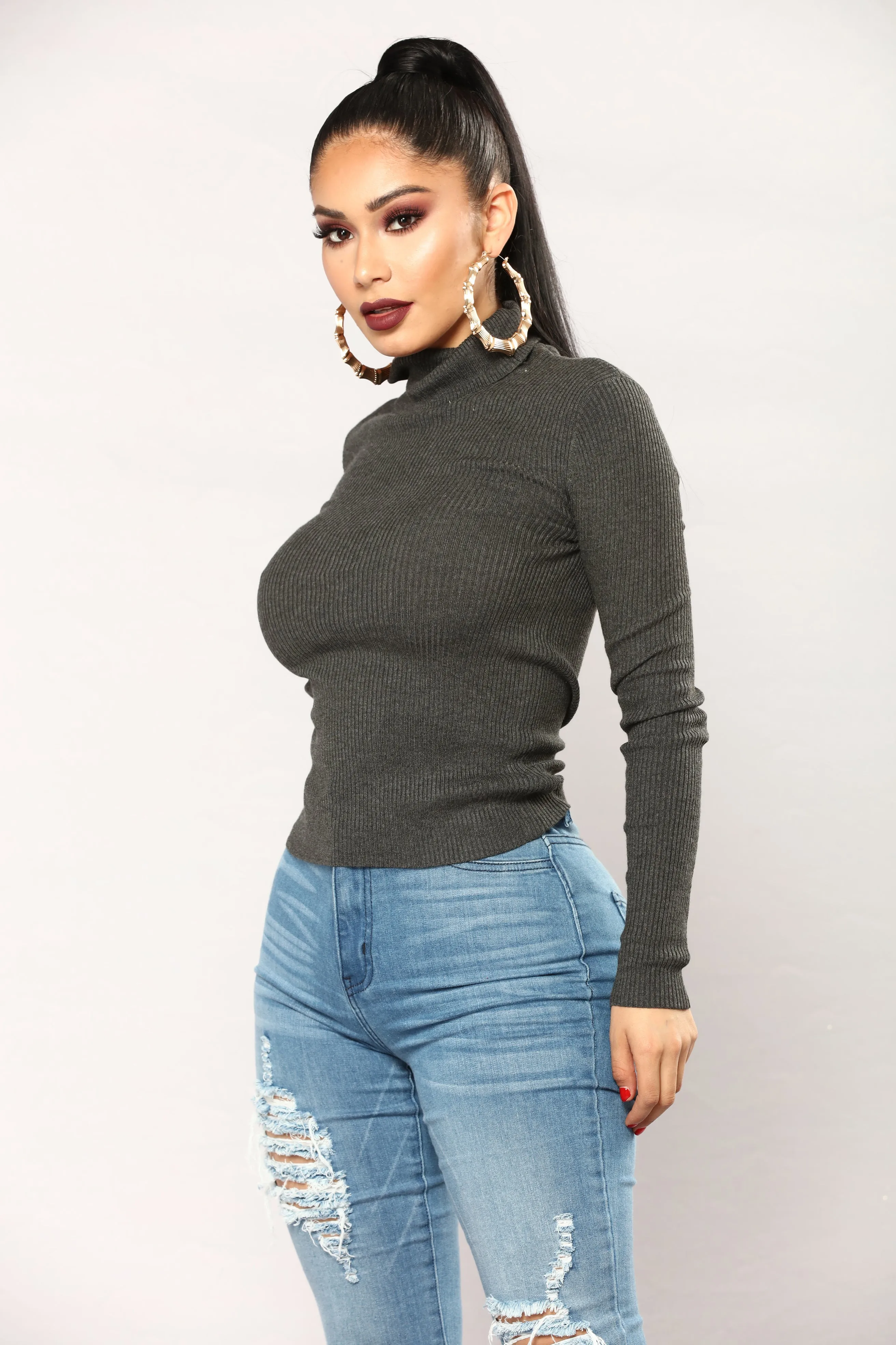 Amelia Turtle Neck Sweater Top - Charcoal