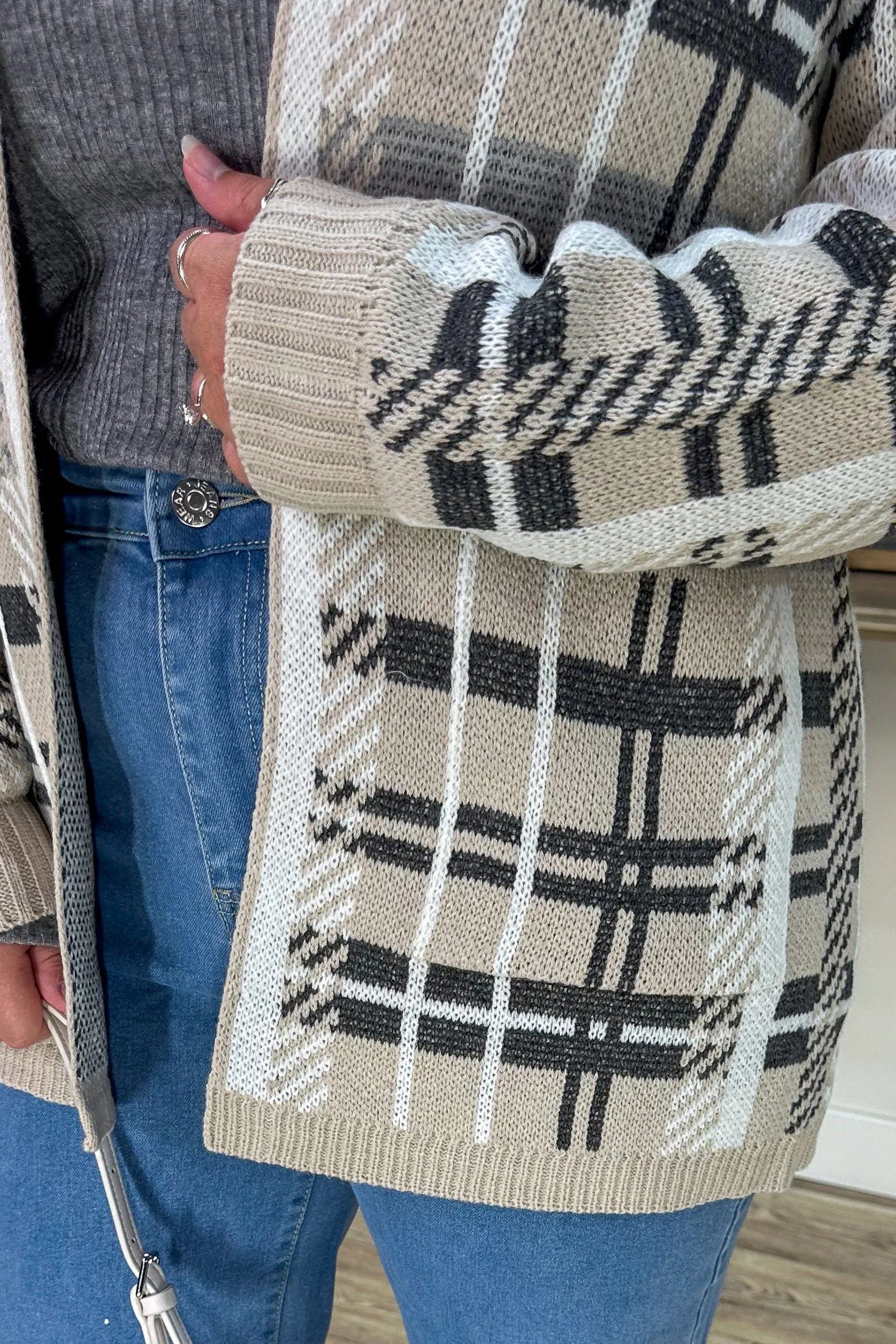 Beige & Grey Plaid Cardigan