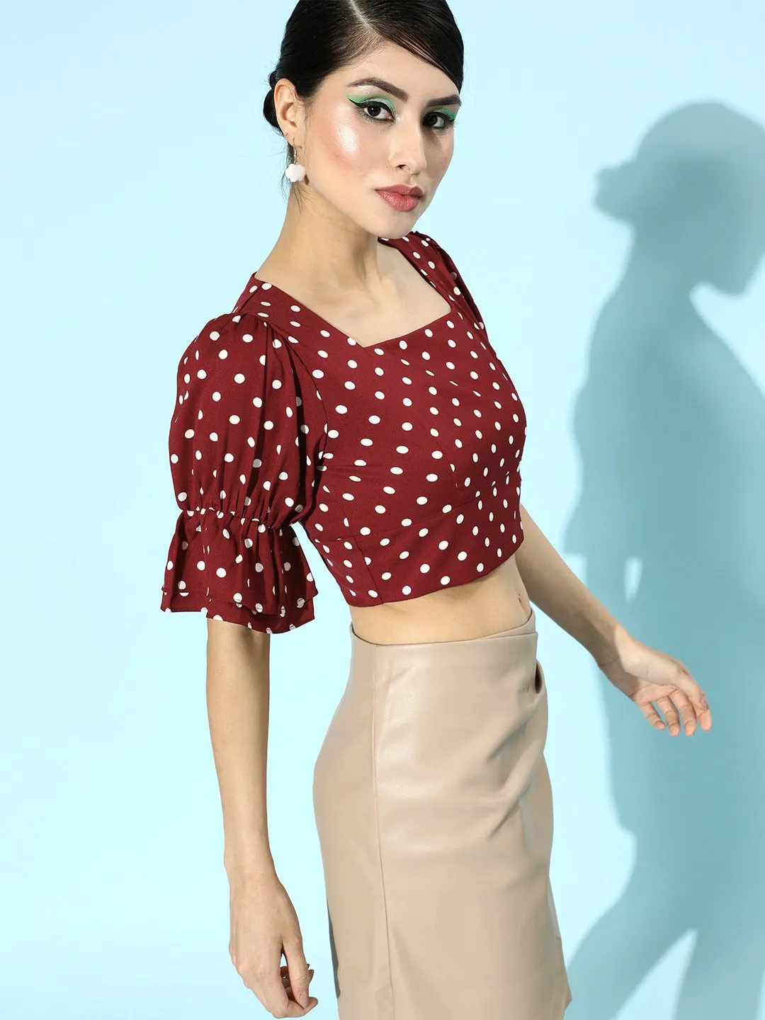 Berrylush Women Red Polka Dot Printed Square-Neck Crepe Ruffled Crop Top