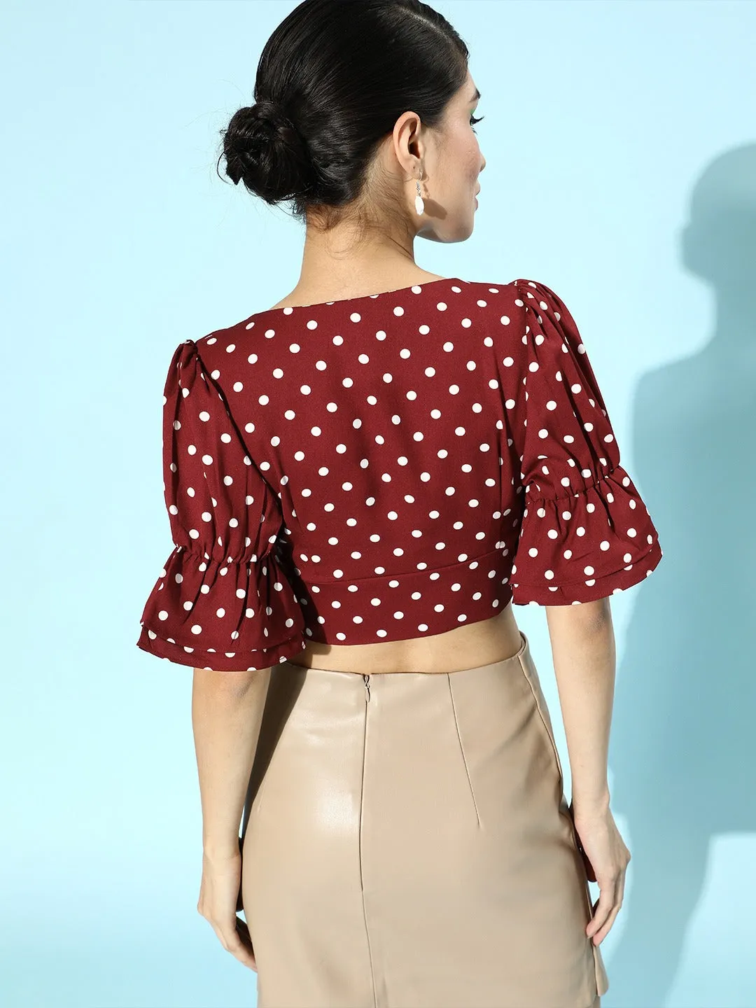 Berrylush Women Red Polka Dot Printed Square-Neck Crepe Ruffled Crop Top