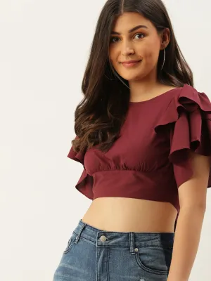 Berrylush Women Solid Maroon Flutter Sleeves Blouson Top