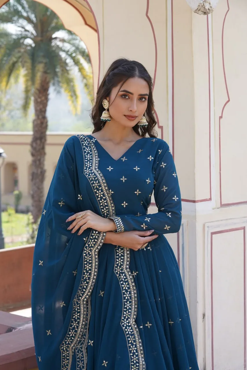 Blue Embroidered Faux Georgette Gown with Dupatta