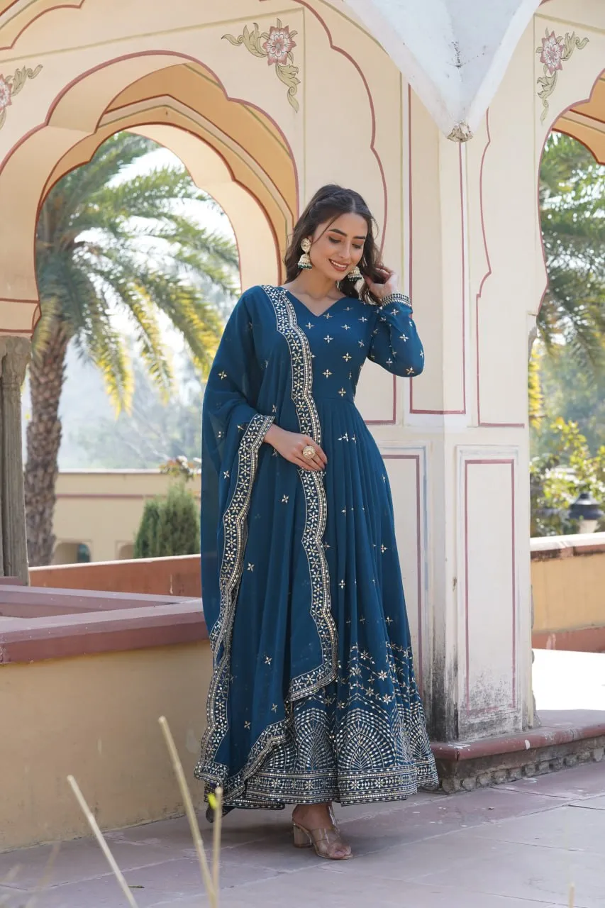 Blue Embroidered Faux Georgette Gown with Dupatta