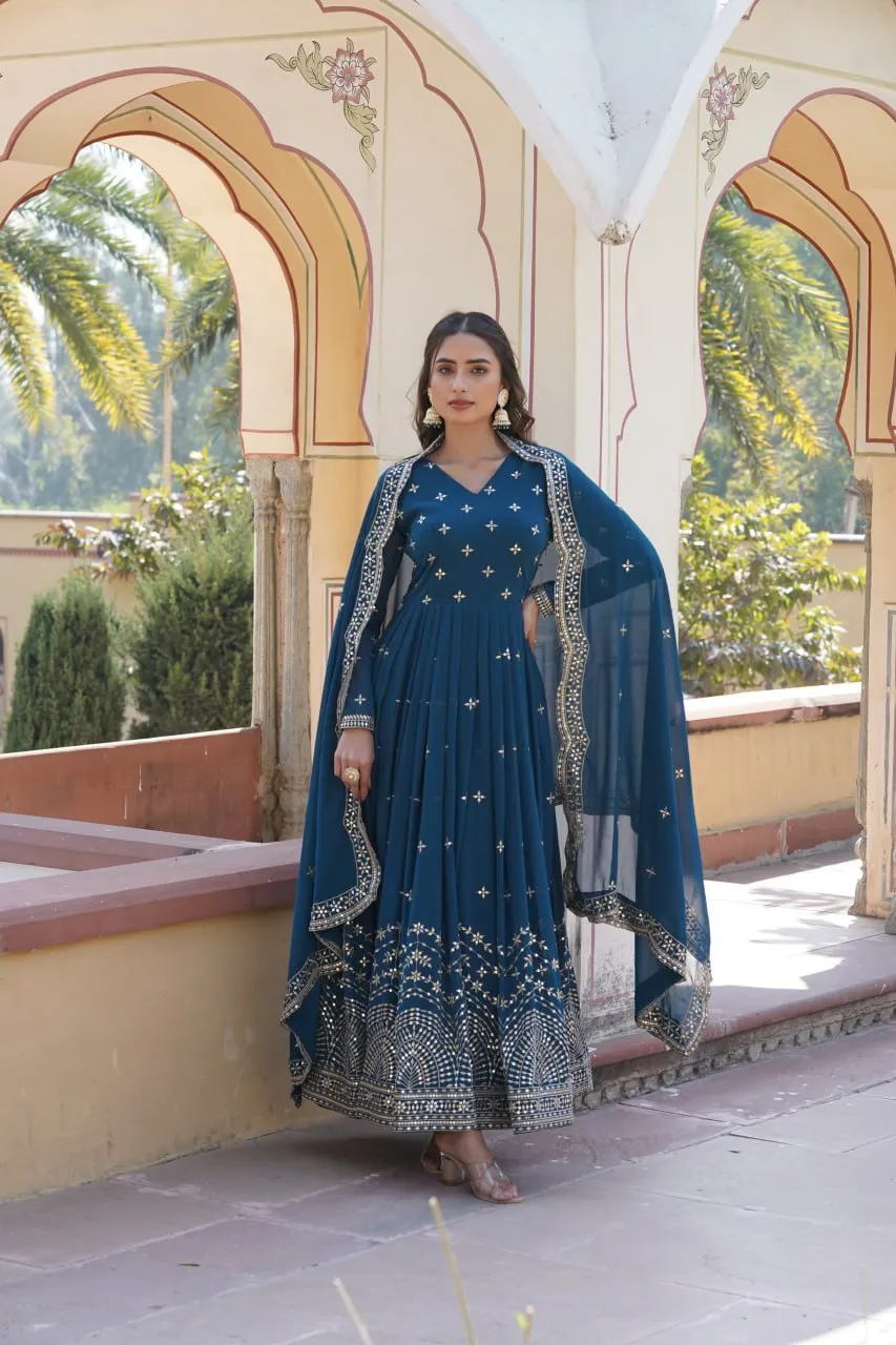 Blue Embroidered Faux Georgette Gown with Dupatta