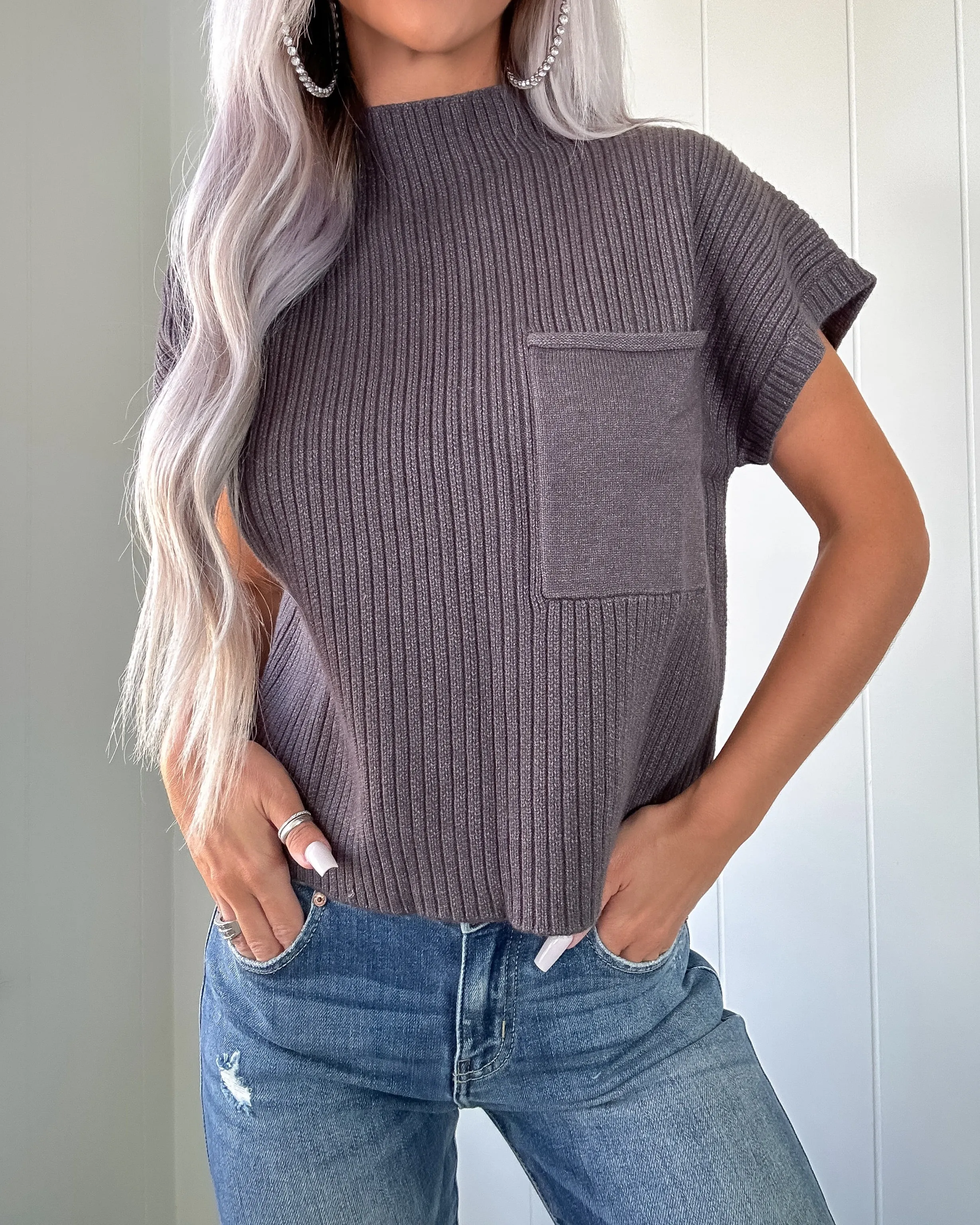 Cabin Views Knit Sweater Top - Charcoal