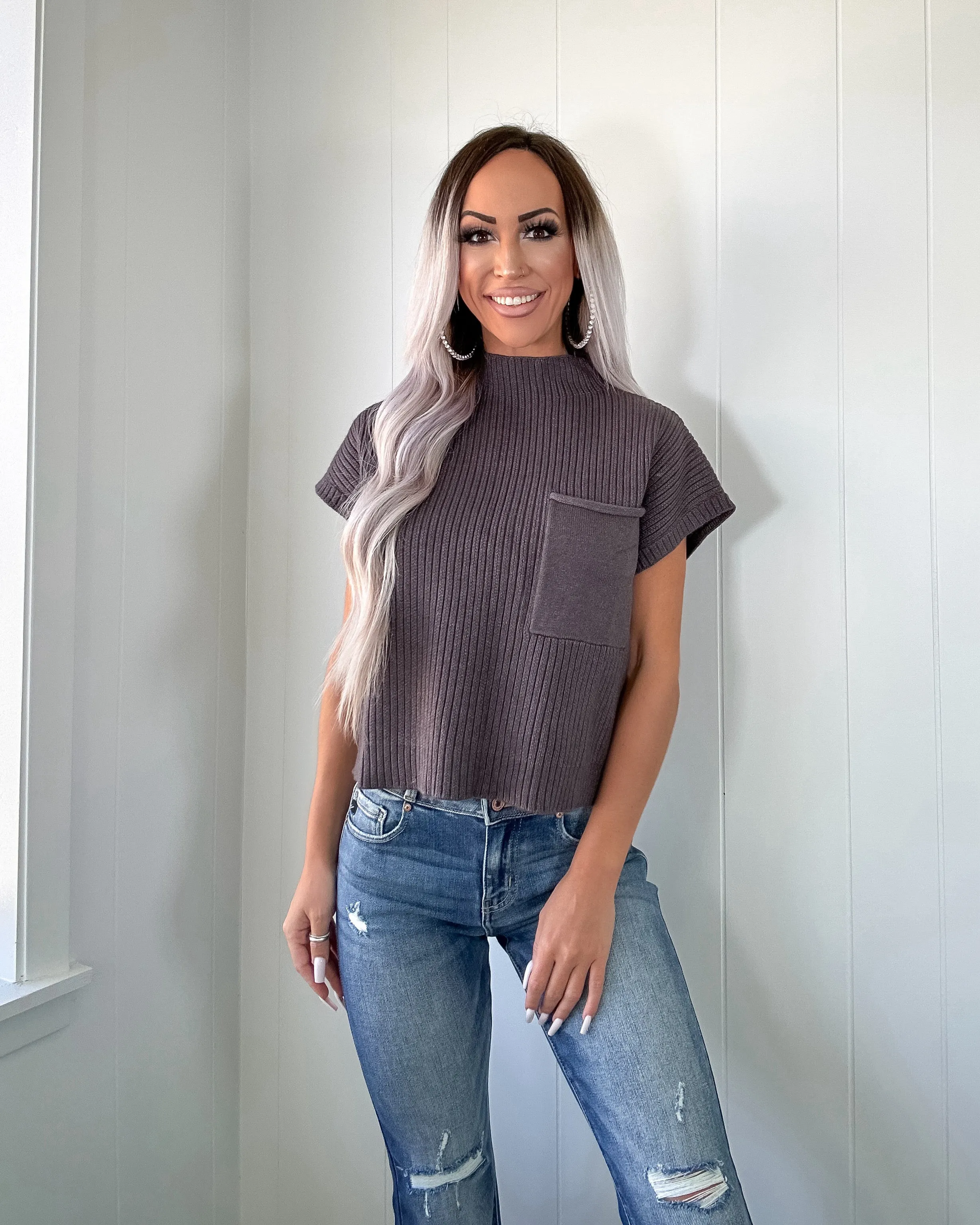 Cabin Views Knit Sweater Top - Charcoal