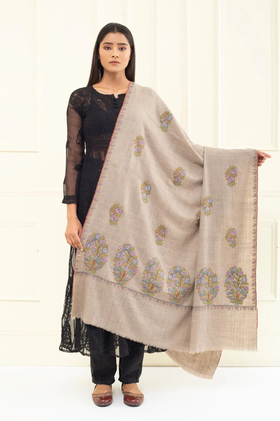 Camellia Light Taupe Embroidered Pashmina Shawl