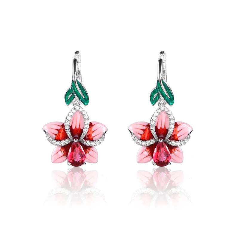 Classic Flower Enamel Drop Earrings for Women with Red Zircon in Silver Color