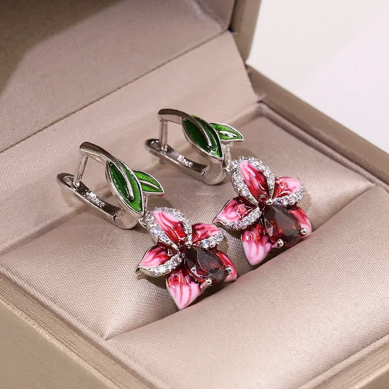 Classic Flower Enamel Drop Earrings for Women with Red Zircon in Silver Color