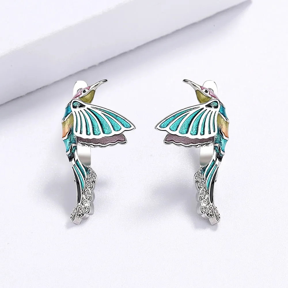 Creative Hummingbird Enamel Drop Earrings for Women with Zircon in Silver Color