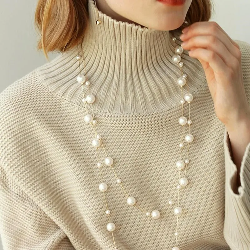 Fashion Jewelry Imitation Pearl Long Chains Necklace for Women as Sweater Accessories