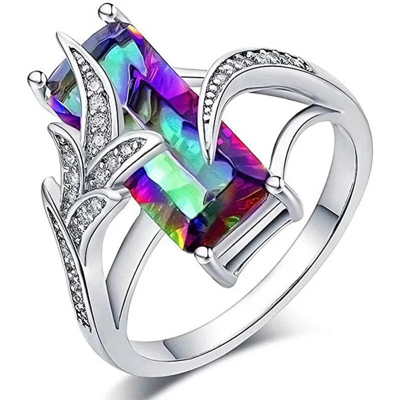 Fashion Jewelry Luxury Colorful Rectangular CZ Cocktail Ring for Women