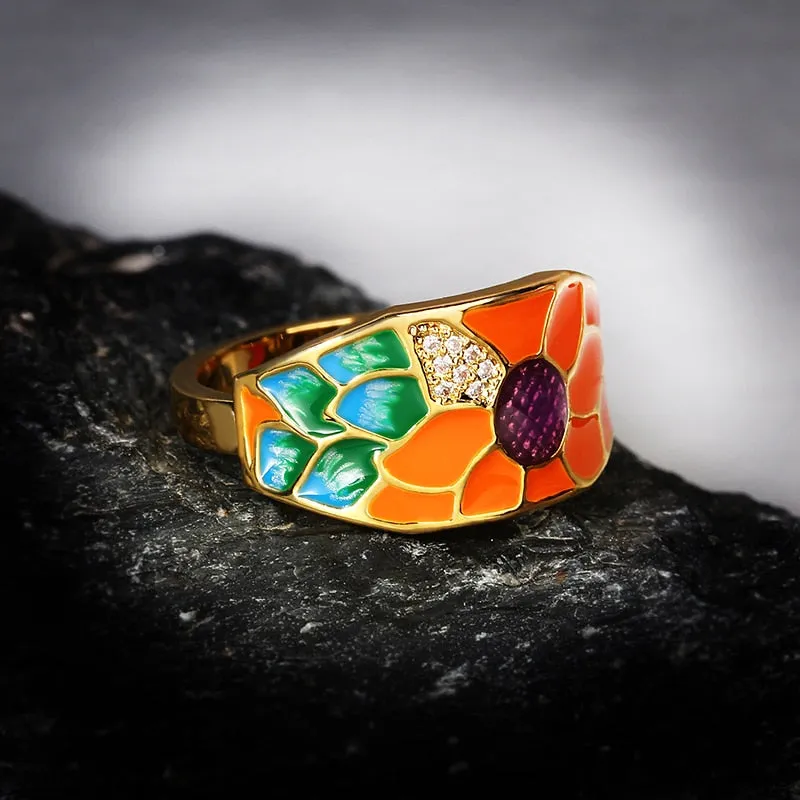 Fashion Jewelry Sun Flower Enamel Ring for Women with Zircon in 925 Silver