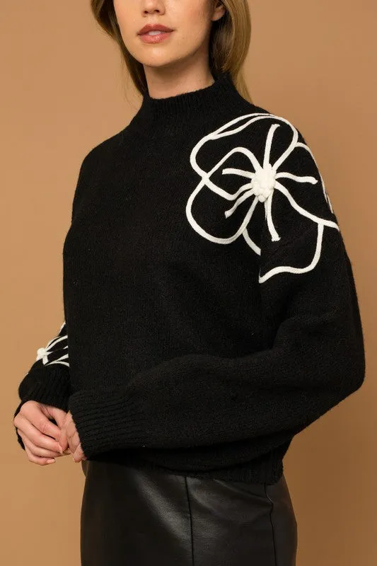 Flower Embroidery Mock Neck Sweater | 3 Colors