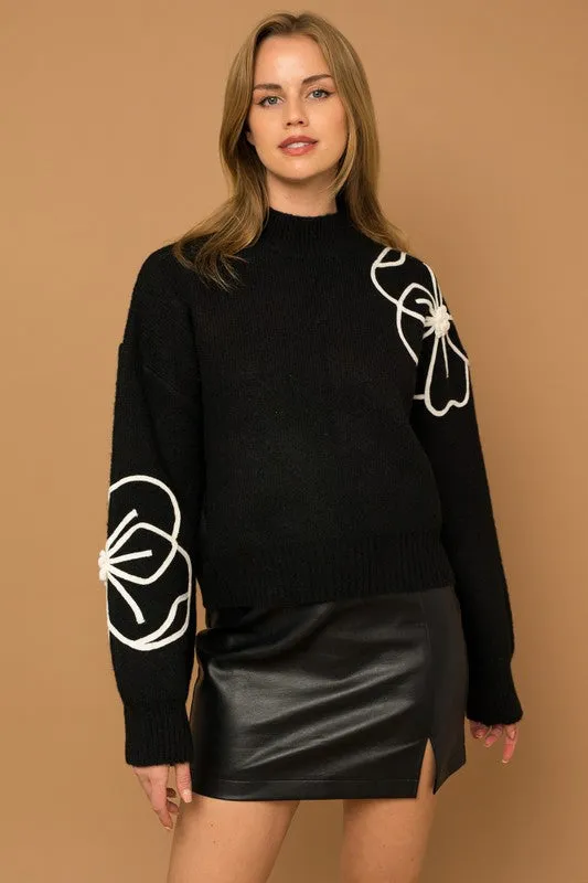 Flower Embroidery Mock Neck Sweater | 3 Colors