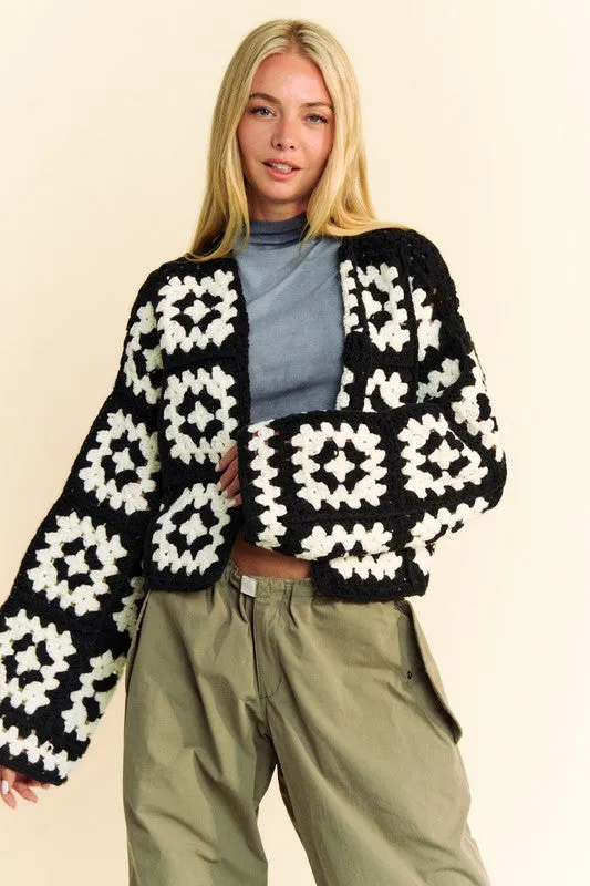 Full Size Two Tone Flower Square Crochet Cardigan