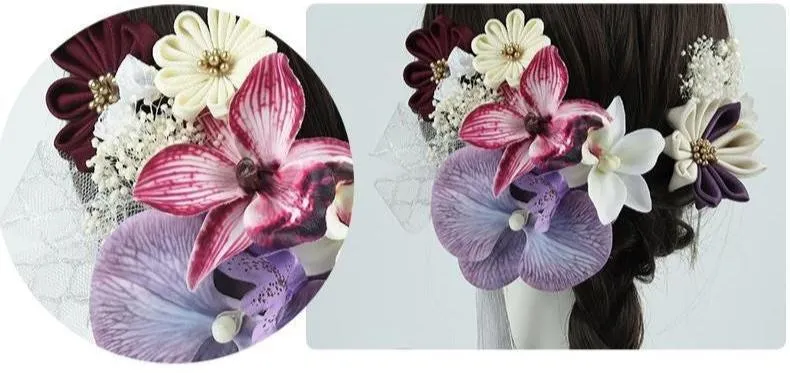 Handmade Tsumami Kanzashi Hairpin 12 Piece Set 【Orchid Silk Flower 】