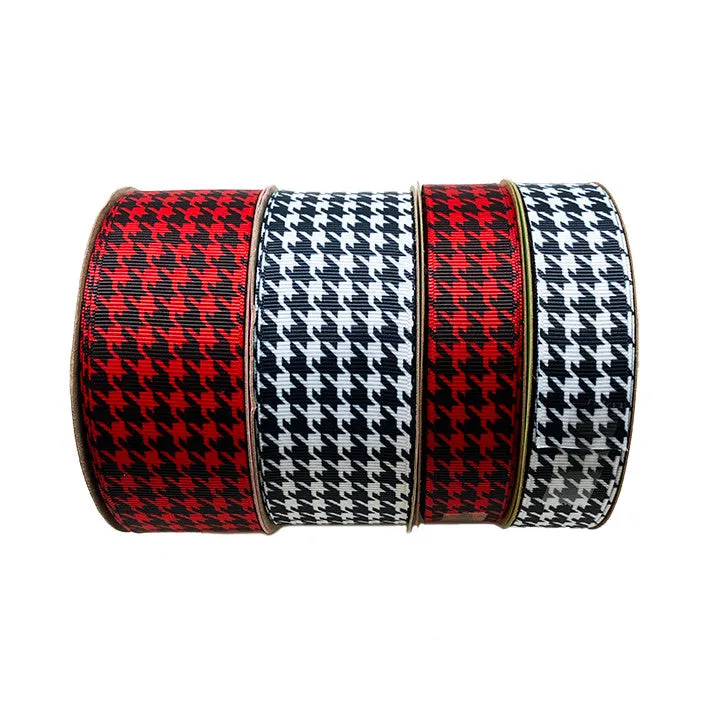 Houndstooth check ribbon in black on 7/8" white grosgrain