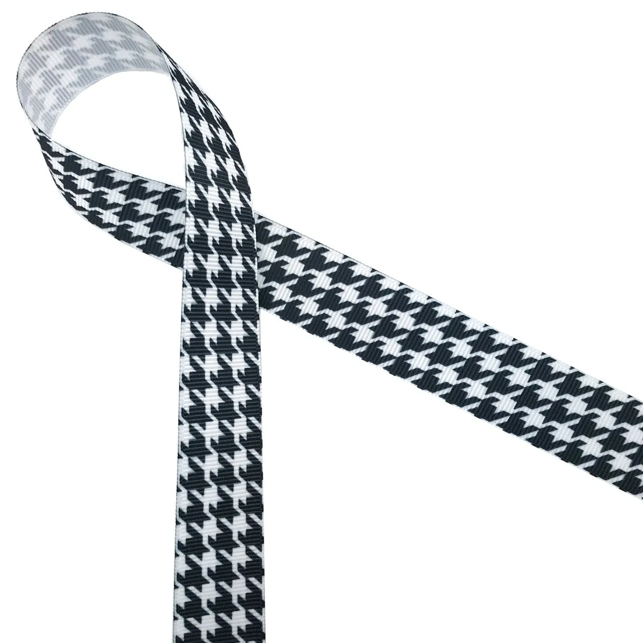 Houndstooth check ribbon in black on 7/8" white grosgrain