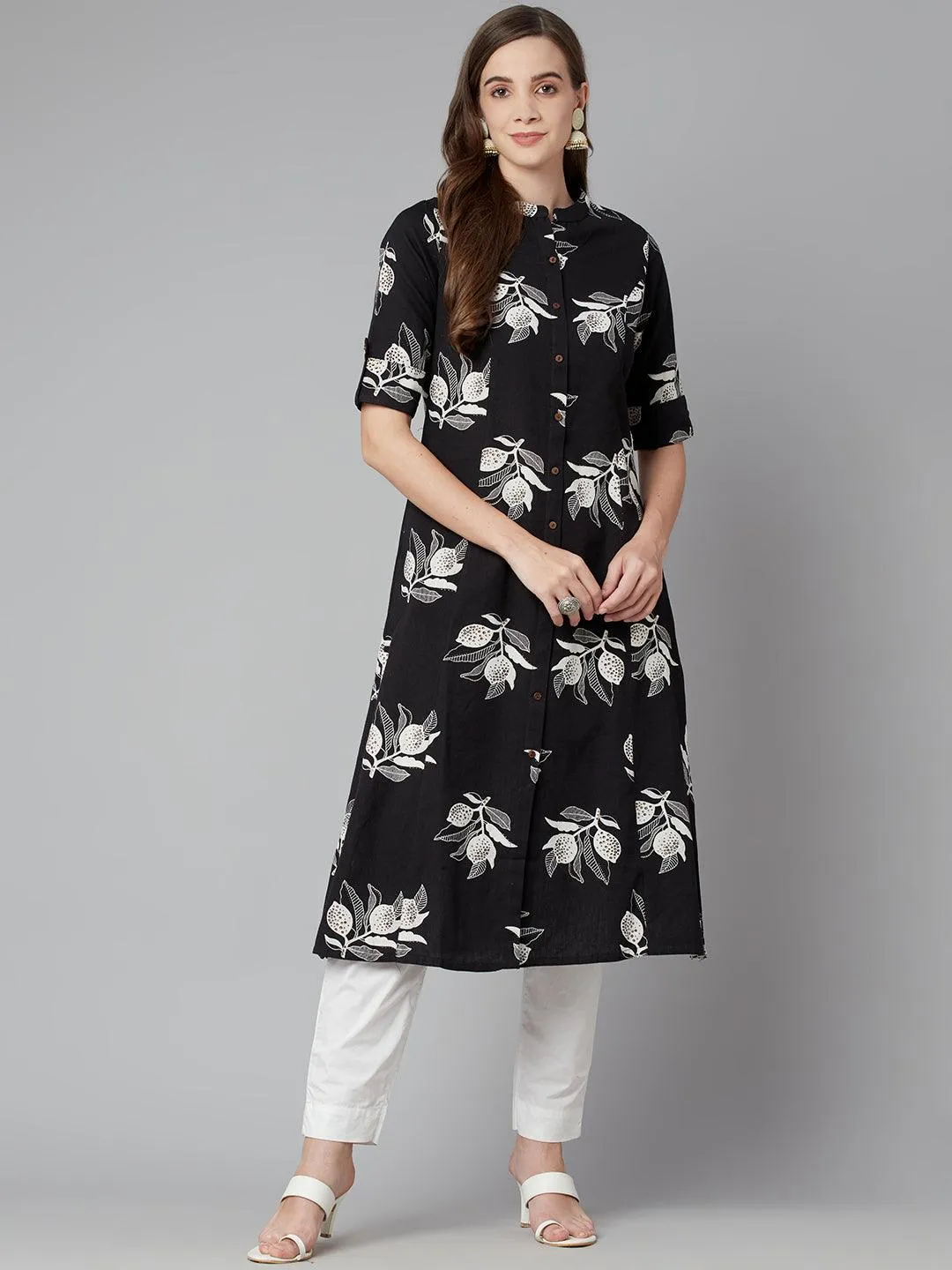 Jashvi Black Cotton Flex A-line Kurta