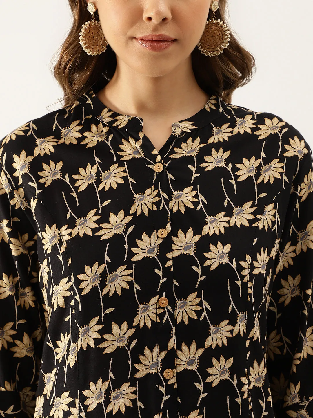 Jashvi Black Floral Printed Rayon Shirt type Top for Women