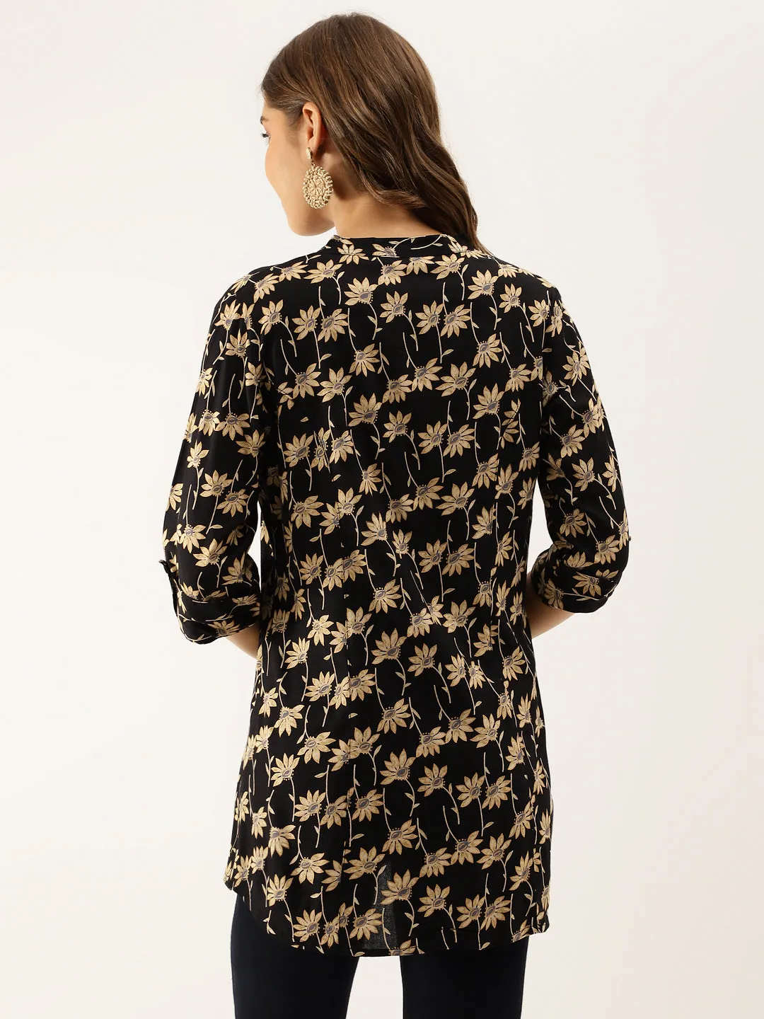 Jashvi Black Floral Printed Rayon Shirt type Top for Women