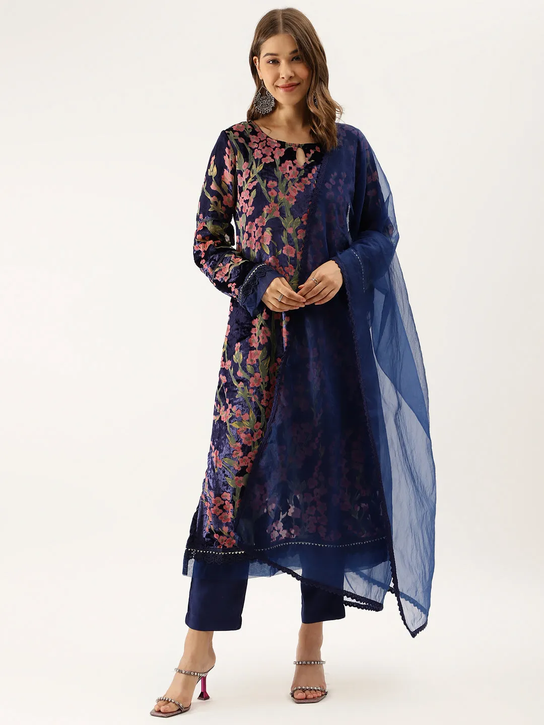 Jashvi Blue Floral Burnout Velvet Kurta Set with Organza Dupatta