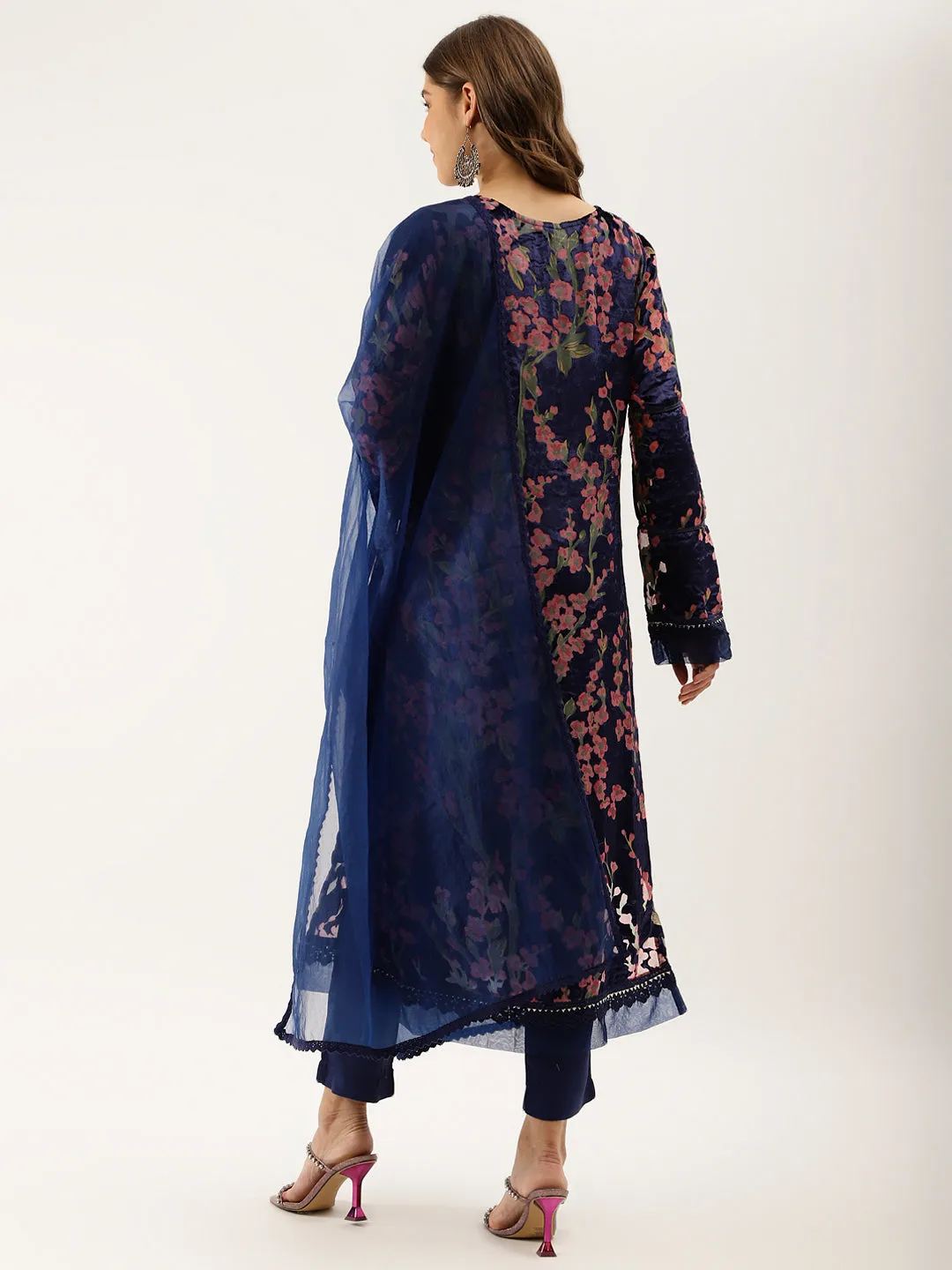 Jashvi Blue Floral Burnout Velvet Kurta Set with Organza Dupatta